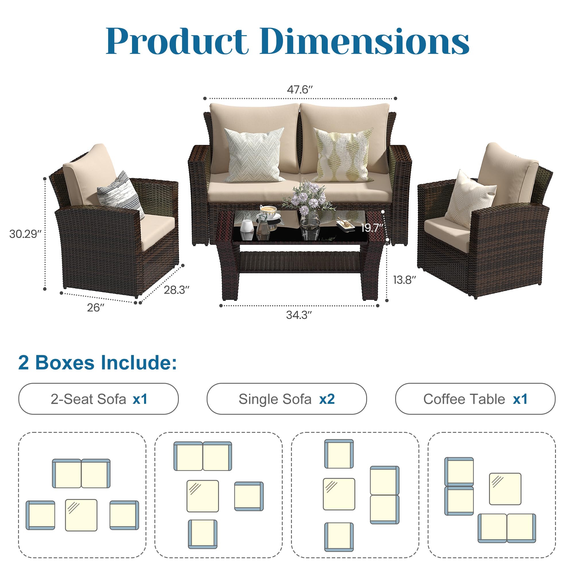 4-Piece All-Weather Wicker Patio Furniture Set - Outdoor Rattan Sectional Sofa with Cushions & Coffee Table - Brown Conversation Set for Balcony, Garden, Backyard - Perfect for Relaxing, Entertaining & Outdoor Dining