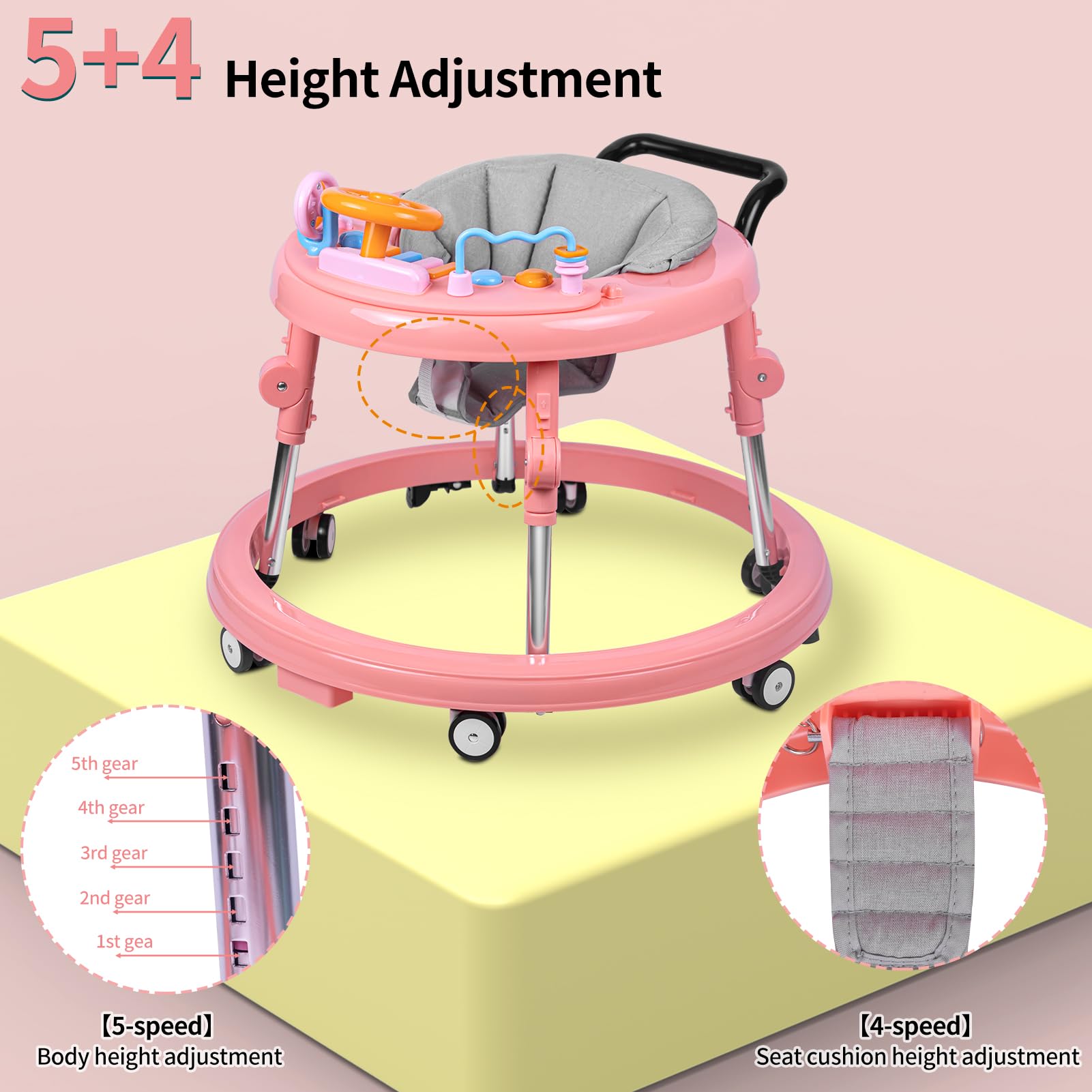 Foldable 9-Speed Adjustable Baby Walker with Wheels & Music - Anti-Fall Infant Activity Center with Foot Pads for Boys & Girls 6-24 Months | Perfect for Learning to Walk & Indoor Playtime