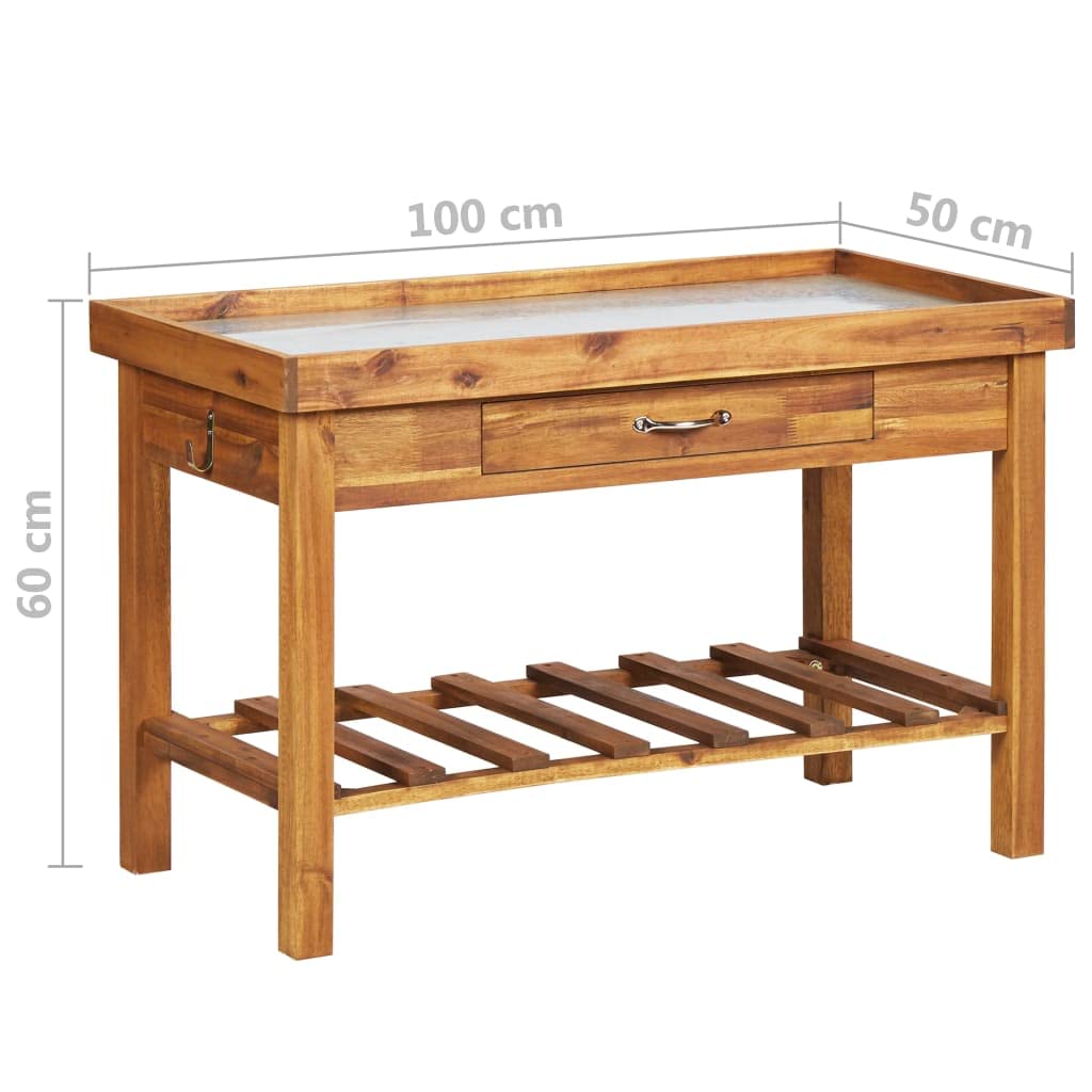 CHARMMA Heavy Duty Garden Work Bench with Zinc Top - Solid Acacia Wood Work Table for Outdoor Gardening, Potting, and DIY Projects