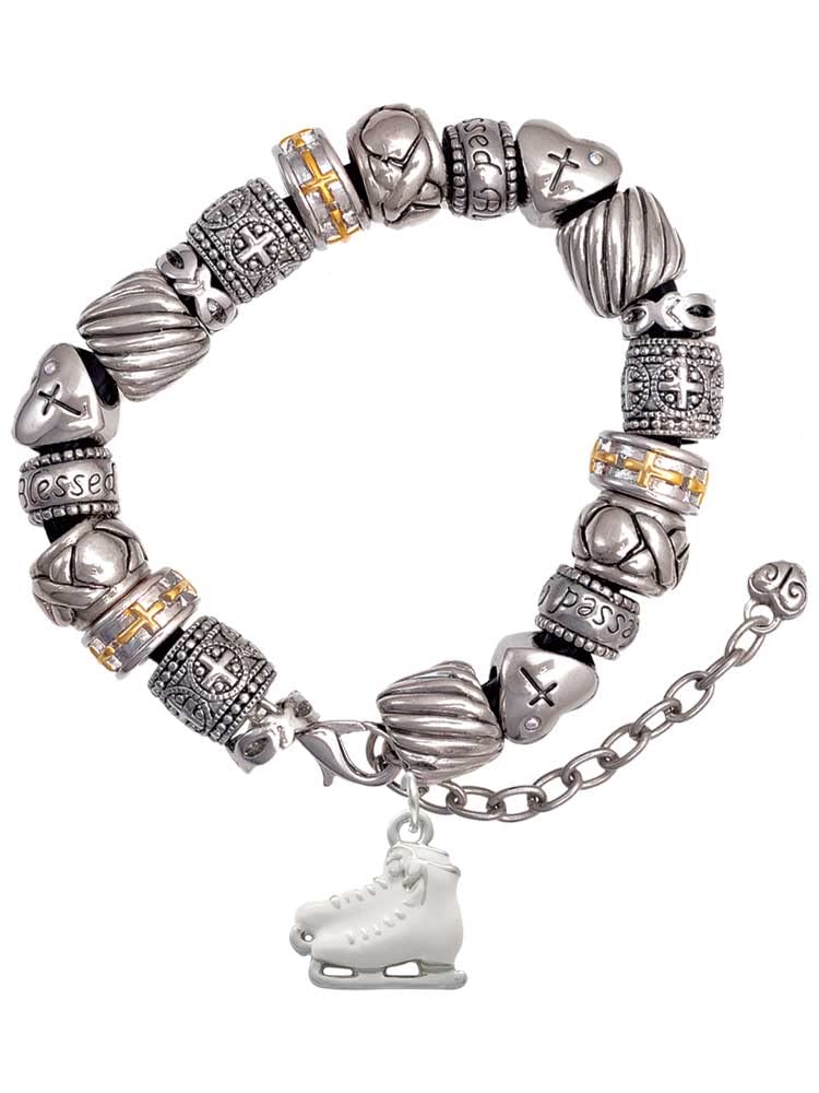 Delight Jewelry Christian Bead Bracelet - Silvertone White Ice Skates Charm, Adjustable 7