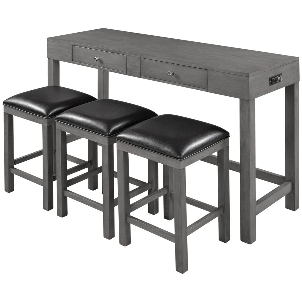 **4-Piece Rustic Grey Wood Pub Bar Table Set with 2 Drawers, 3 Leather Stools & Built-in Socket – Counter Height Dining Table, Standing Desk & Makeup Vanity for Kitchen, Bar & Home Office**    *(Perfect for small spaces, entertaining guests, or as a stylish workspace in kitchens, bars, or home offices.)*
