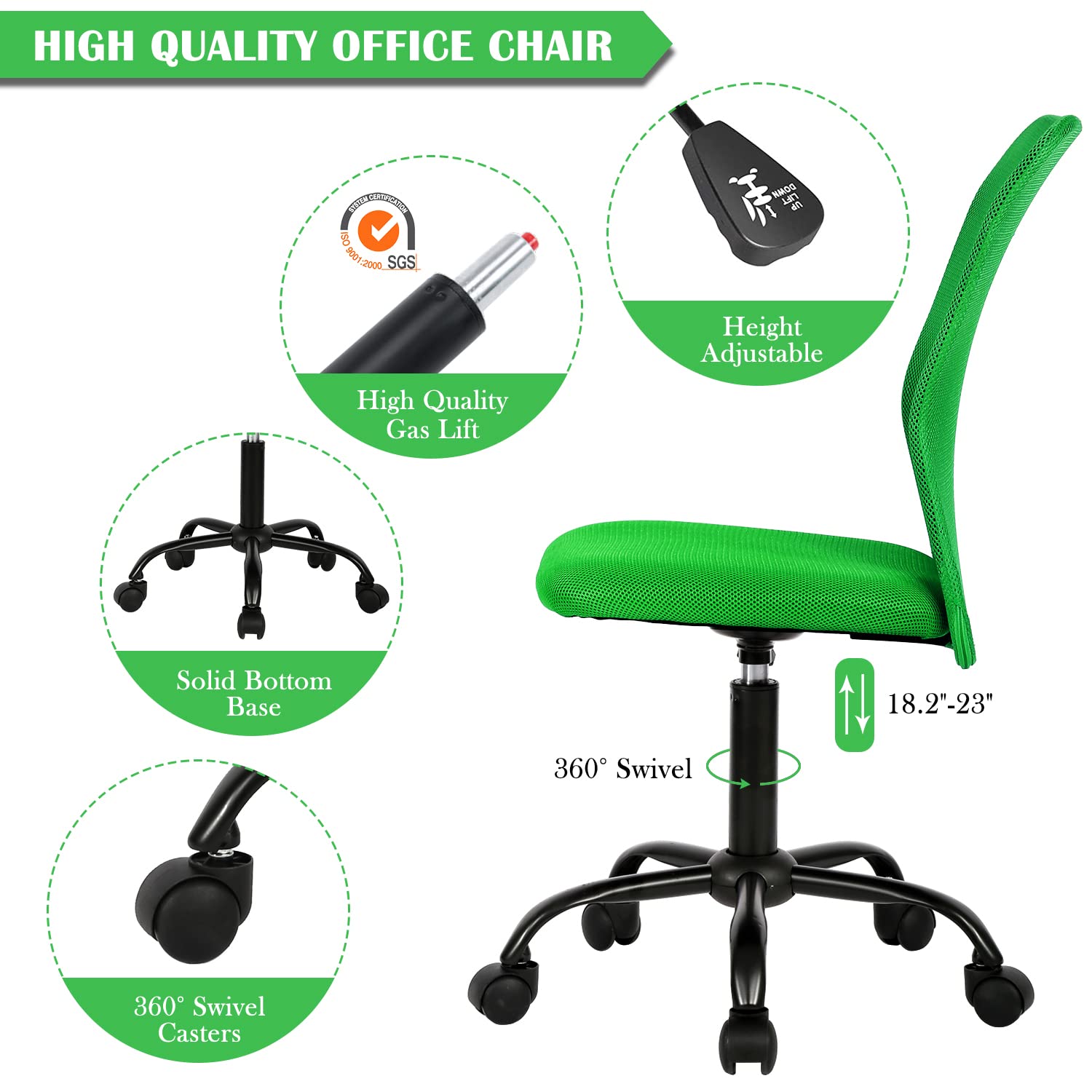 Ergonomic Mid Back Mesh Office Chair - Adjustable Armless Computer Desk Chair with Breathable Mesh Back, Green - Perfect for Home Office, Gaming & Workspace Comfort