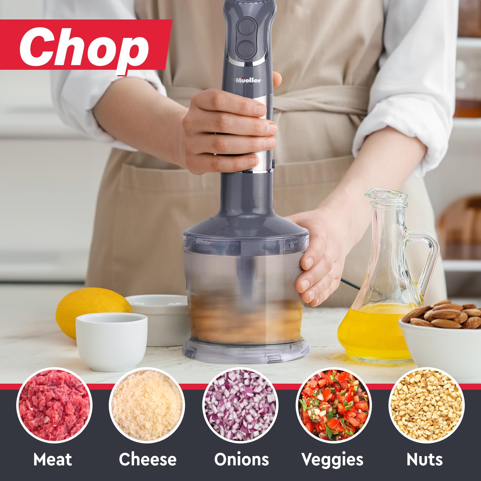Mueller 800W 4-in-1 Immersion Blender Hand Mixer - 12 Speed with Turbo Boost, Heavy Duty Copper Motor & Titanium Blades, Includes Milk Frother, Whisk, Beaker & Chopper - Perfect for Smoothies, Soups, Sauces & Baking (Grey)