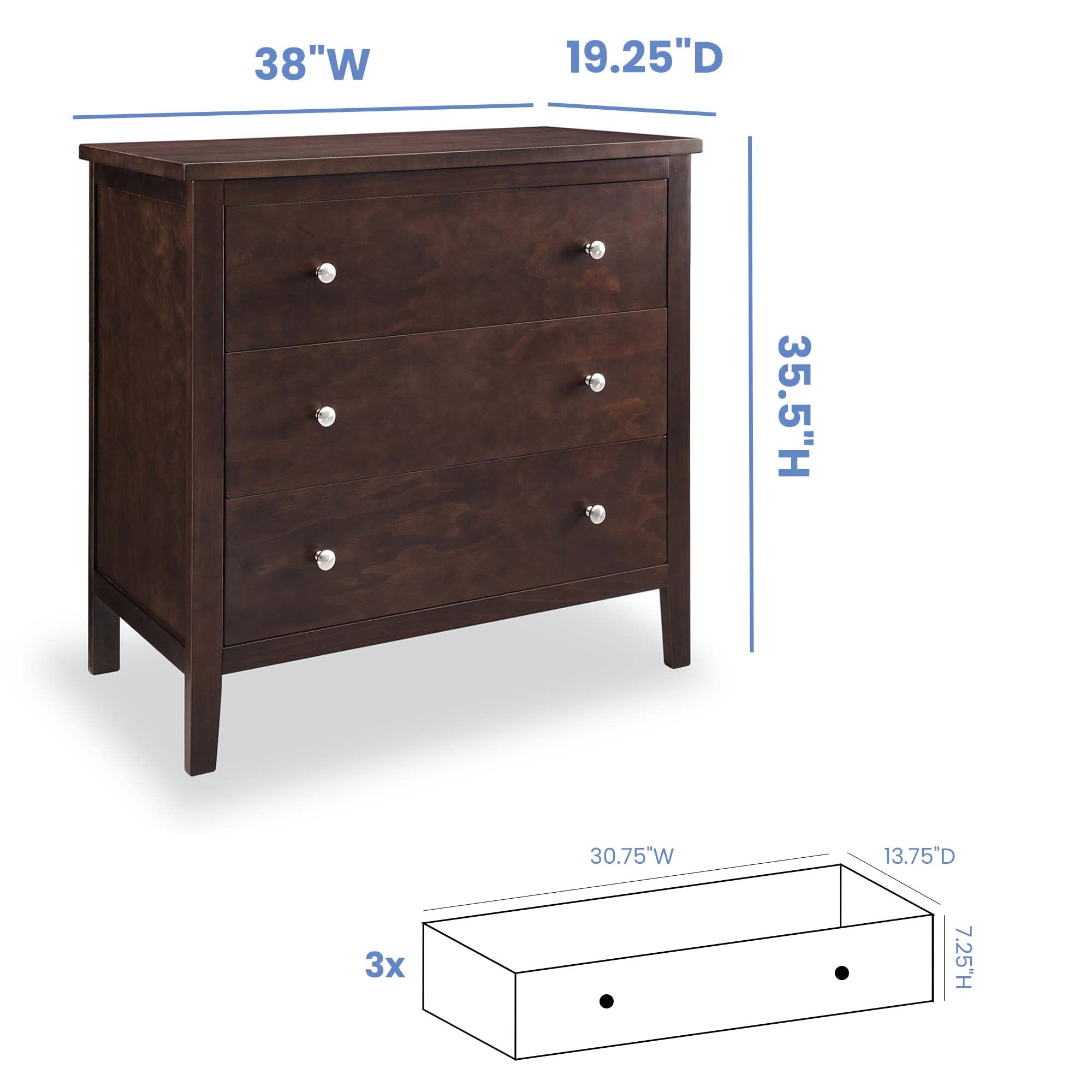 Delta Children Campbell 3-Drawer Dresser in Walnut Espresso - Perfect for Nursery, Kids Room & Bedroom Storage