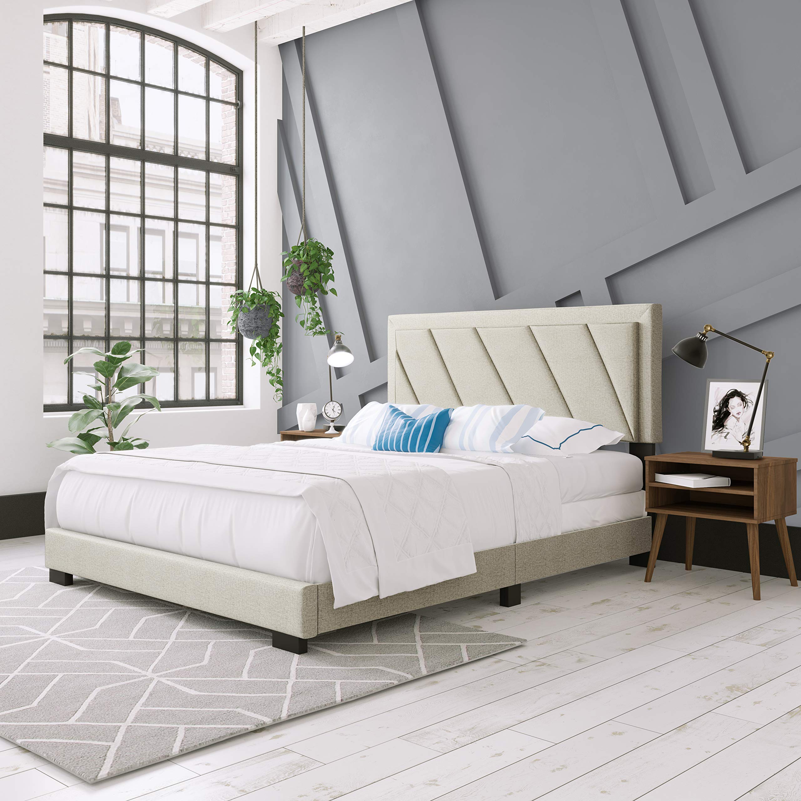 Boyd Sleep Diagonal Upholstered King Platform Bed with Headboard & Mattress Foundation - 4 Wood Slat Support System, No Box Spring Needed - White Upholstered Bed Frame for Master Bedroom & Guest Room