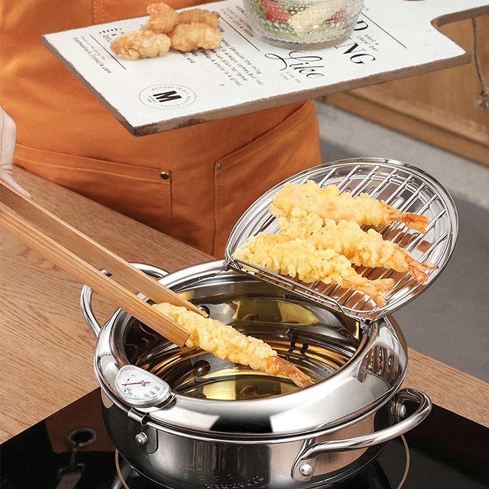 AIZYR Mini Tempura Deep Fryer Pot - 20cm Stainless Steel Fryer with Thermometer & Basket for Chicken, Fish, French Fries, Onion Rings | Perfect for Home Kitchen, Parties & Small Restaurants