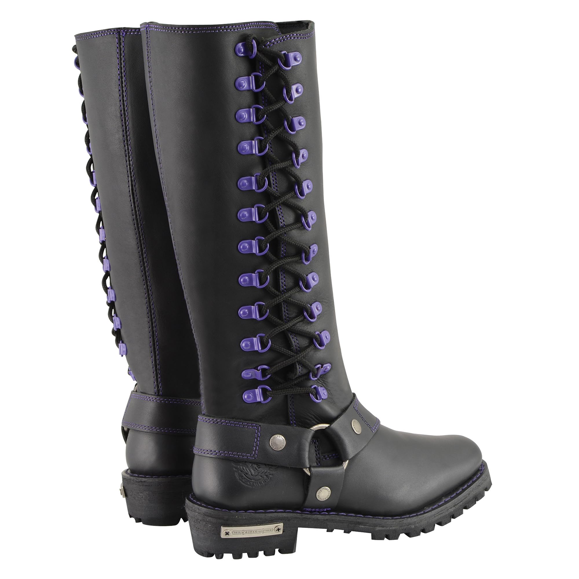 Milwaukee Leather Women's Black 14-inch Motorcycle Boots with Purple & Pink Lacing - Harness Style Biker Boots for Riding & Fashion (MBL9366-MBL9367) | Perfect for Cruiser Motorcycles & Urban Streetwear