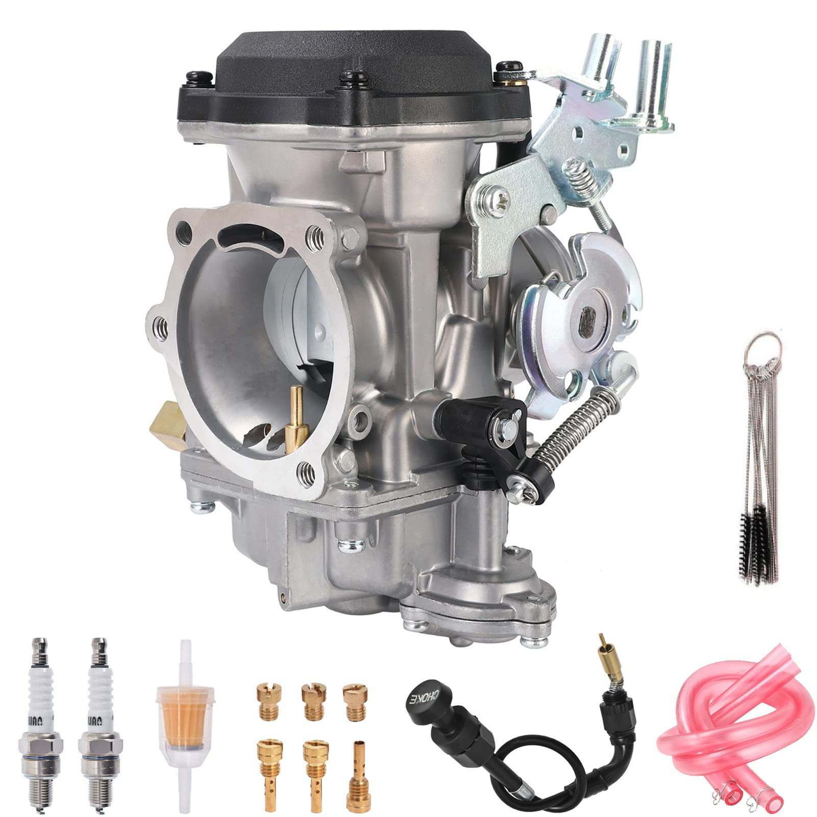 High-Performance Motorcarb Carburetor & Choke Cable for Harley Davidson Sportster 883 1200 XL883 XL1200 Super Glide Softail Touring CV40 Carb - Compatible with 27421-99 & 27490-04 - Includes 2 Spark Plugs, Brush Set & Fuel Filter - Perfect for Engine Maintenance & Performance Upgrades