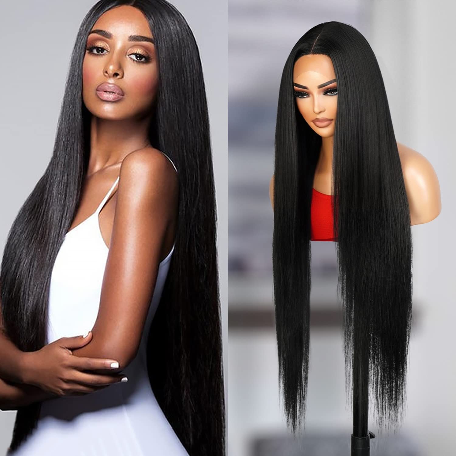 36 Inch Lace Front Wig - Bone Straight Super Long Synthetic Hair with Realistic Hairline - Heat Resistant Middle Part Wig for Black Women - Jet Black DPL002 | Perfect for Cosplay, Daily Wear & Special Occasions