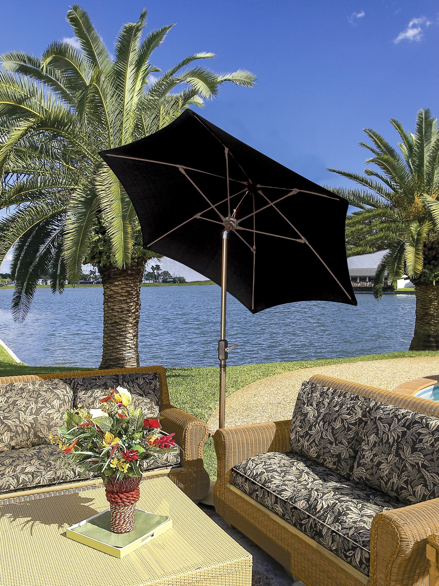 7.5ft Beige Patio Umbrella with Push-Button Tilt - Champagne Bronze Pole for Outdoor Dining, Poolside Lounging & Garden Relaxation