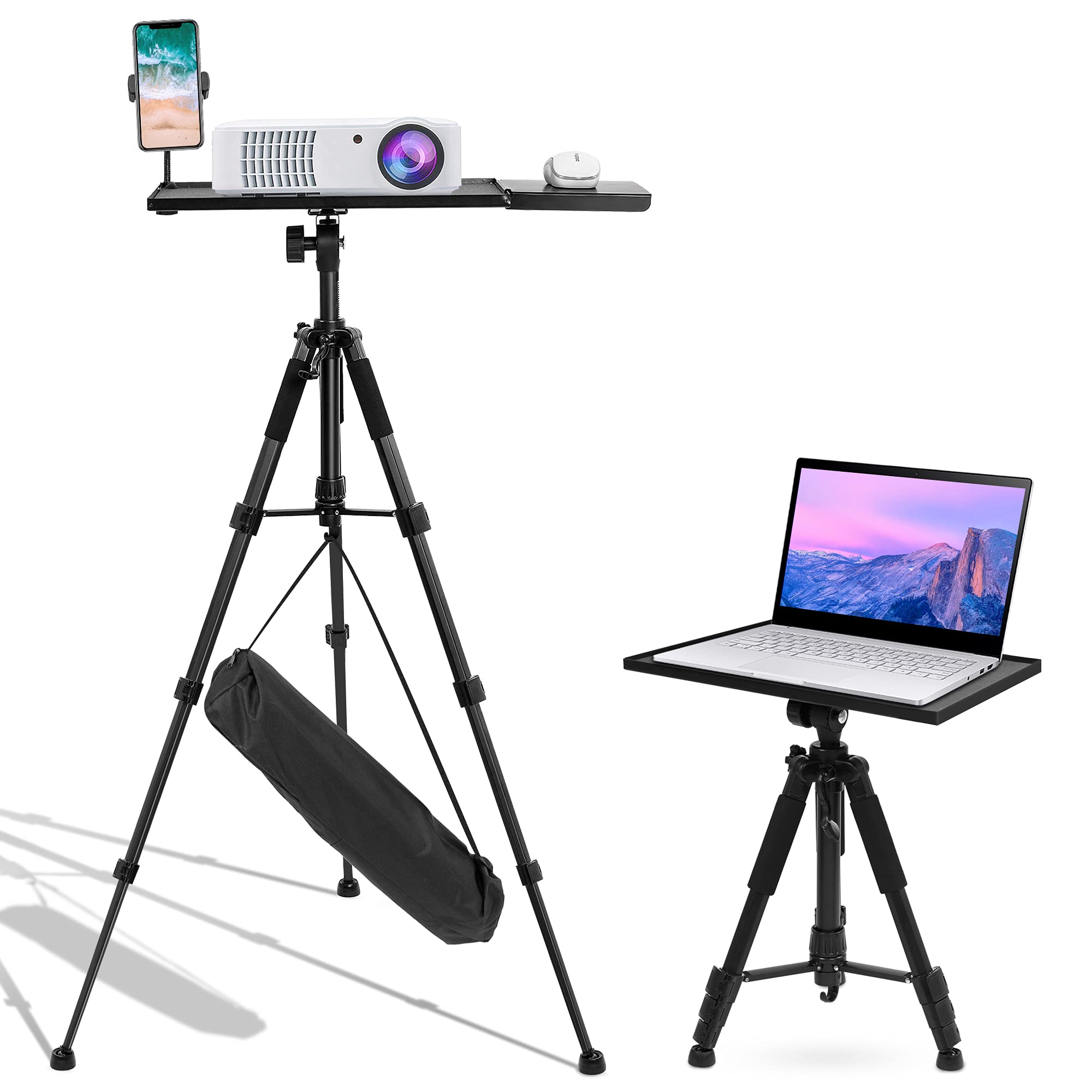 WinisKi Adjustable Projector Tripod Stand - Universal Laptop Floor Stand with Phone Holder (17.6-51.4 Inch) - Portable Projector Mount for Stage, Studio, Outdoor Movies & Home Theater Setup