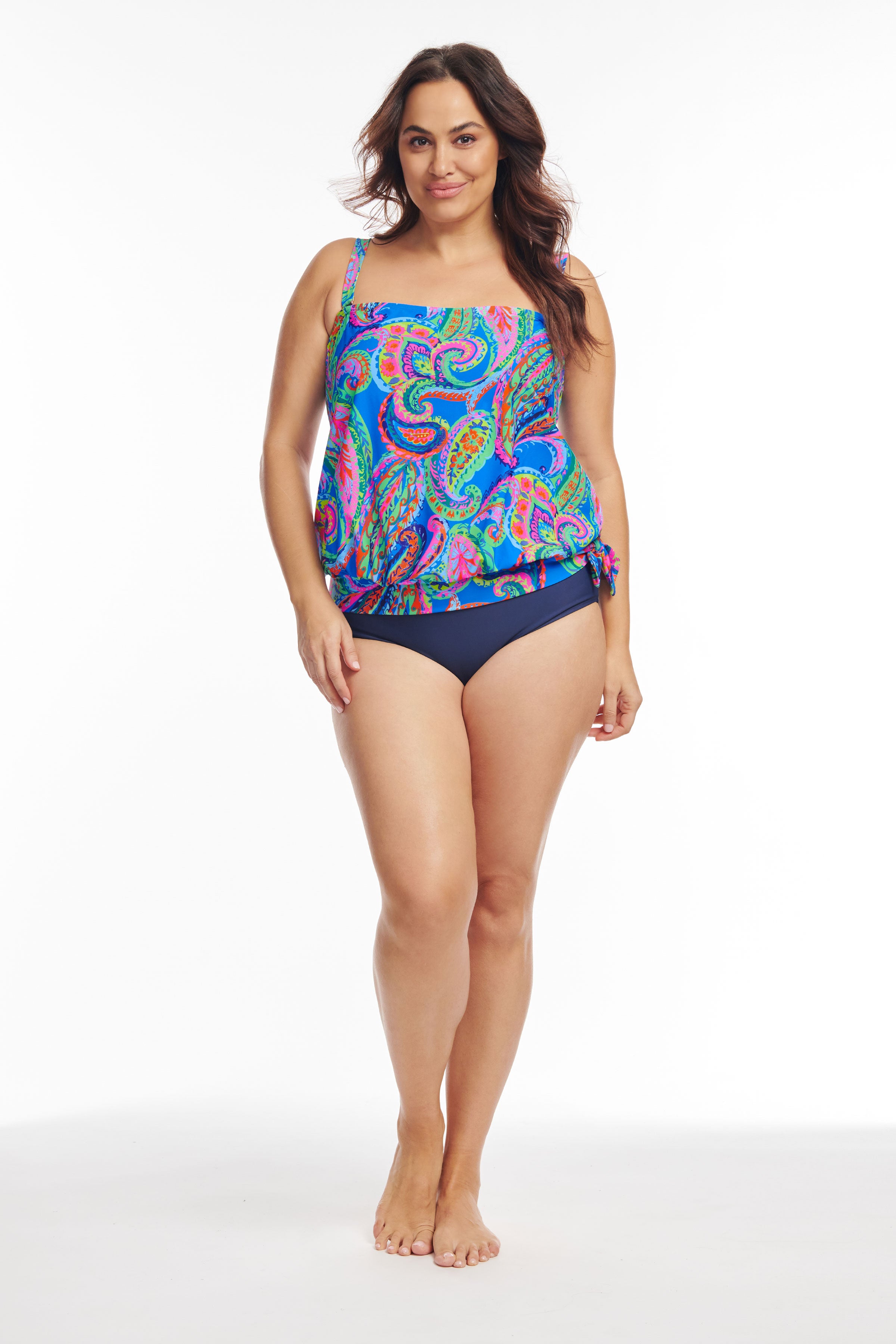 Plus Size Draped Blouson Tankini Top - French Paisley Blue Swimwear for Women | Beach Vacation & Pool Party Outfit