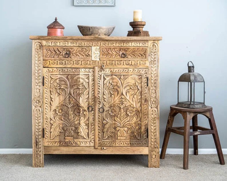 Hand Carved Indian Wooden Sideboard | Small Cabinet for Living Room, Dining Room & Bedroom Storage | Traditional Home Decor
