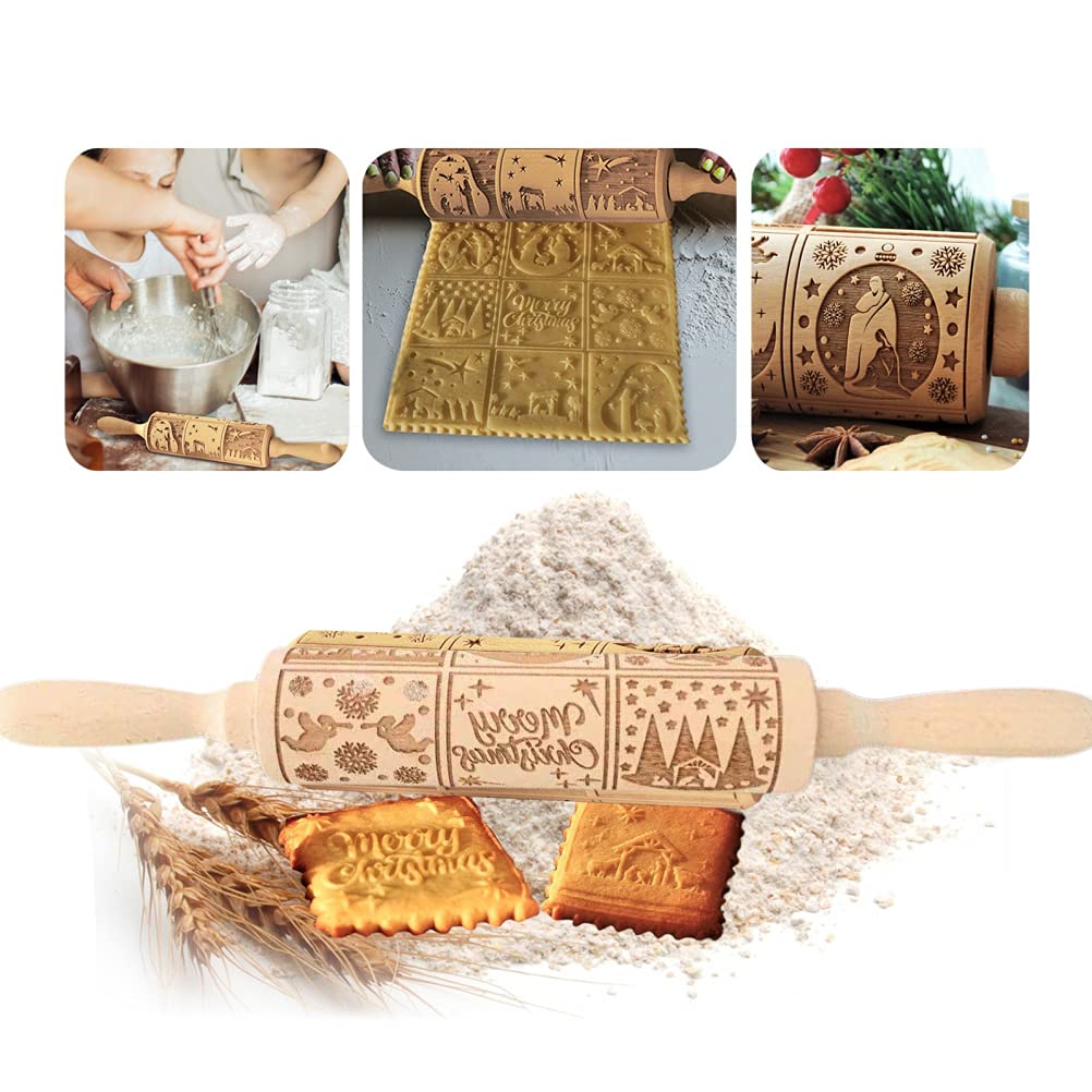 Christmas Nativity Embossing Rolling Pin - Wooden Non-Stick Cookie Dough Roller for Holiday Baking | Perfect for Christmas Cookies, Gingerbread, and Festive Pastry Making