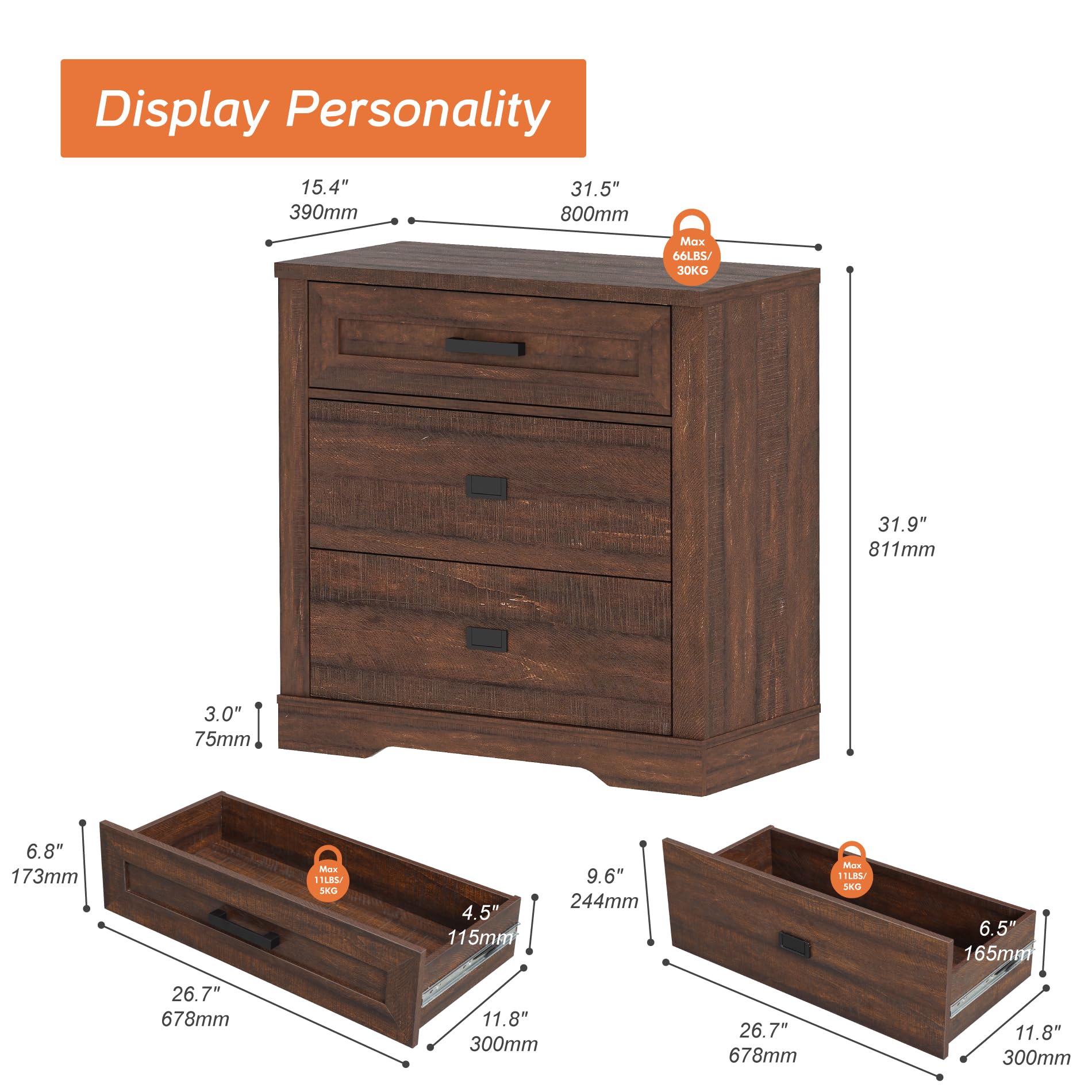 WAMPAT 3-Drawer Kids Dresser - Modern Farmhouse Wooden Chest for Nursery, Bedroom & Hallway Storage - Rustic Brown Organizer for Clothes, Toys & Essentials | Perfect for Small Spaces & Home Decor