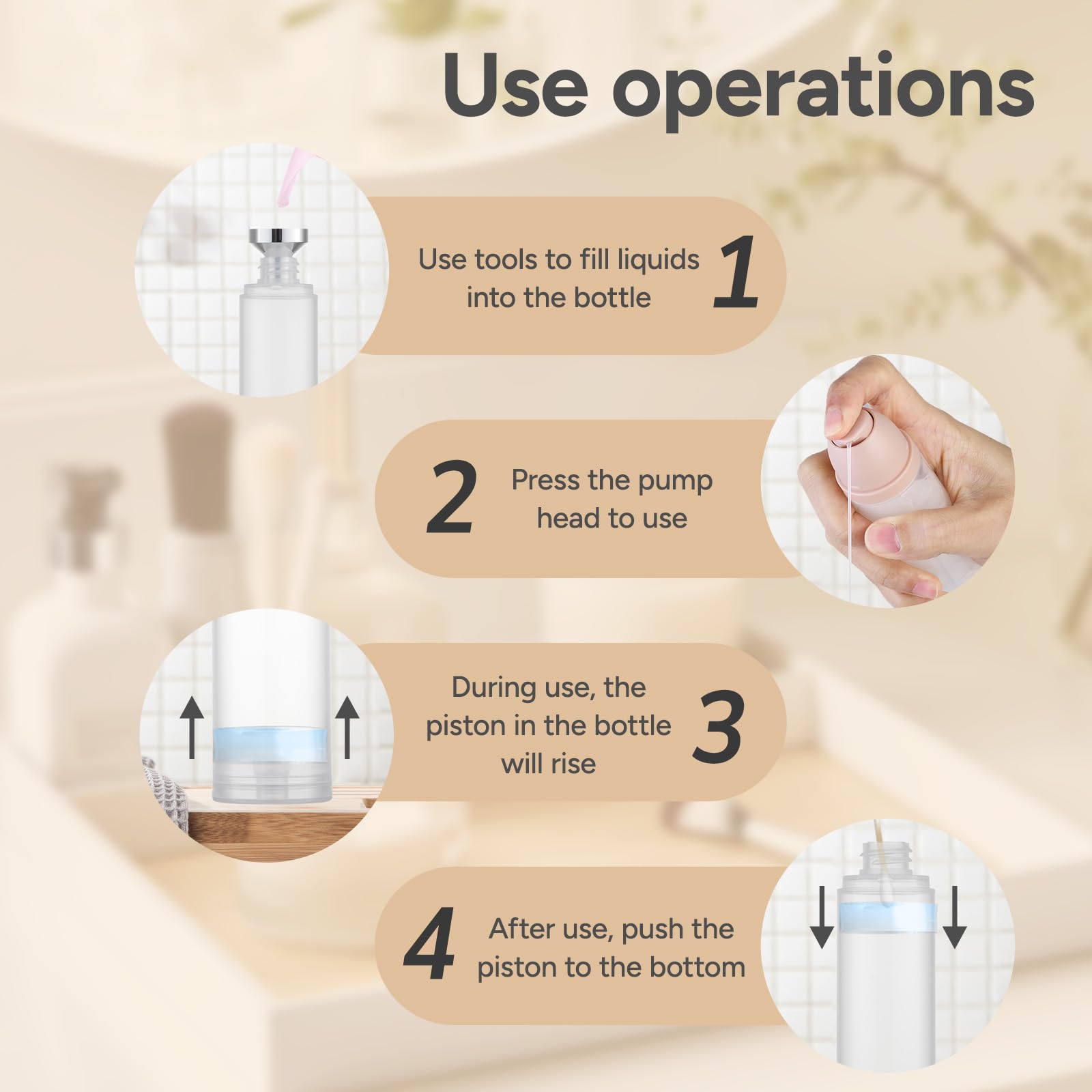 Airless Pump Bottles for Travel - 1.7 oz Empty Plastic Lotion Dispenser, Mini Vacuum Cream Jar & Shampoo Container (White) - Perfect for Toiletries, Skincare & Cosmetics On-The-Go