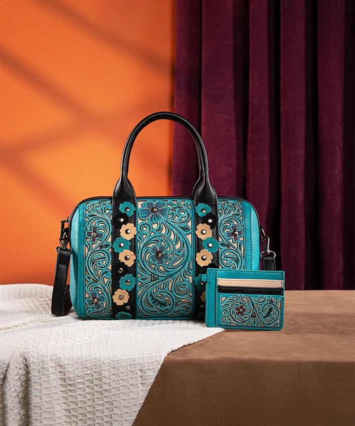 Montana West Embroidered Floral Cut Out Boston Bag Set - Stylish Leather Shoulder Purse for Women, Perfect for Work, Travel & Everyday Use