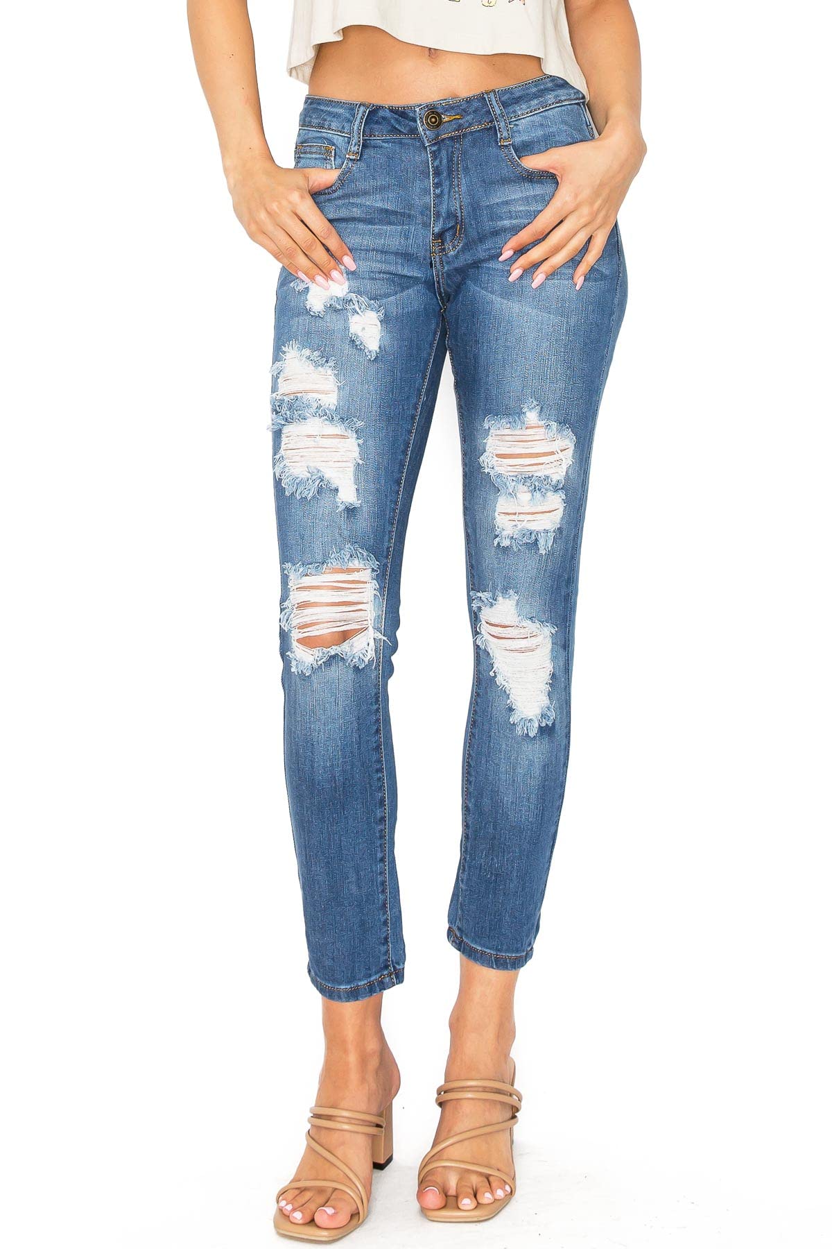 Women's Distressed Skinny Jeans - Mid Waist Machine Jeans for Juniors | Perfect for Casual Outfits, Streetwear & Everyday Wear