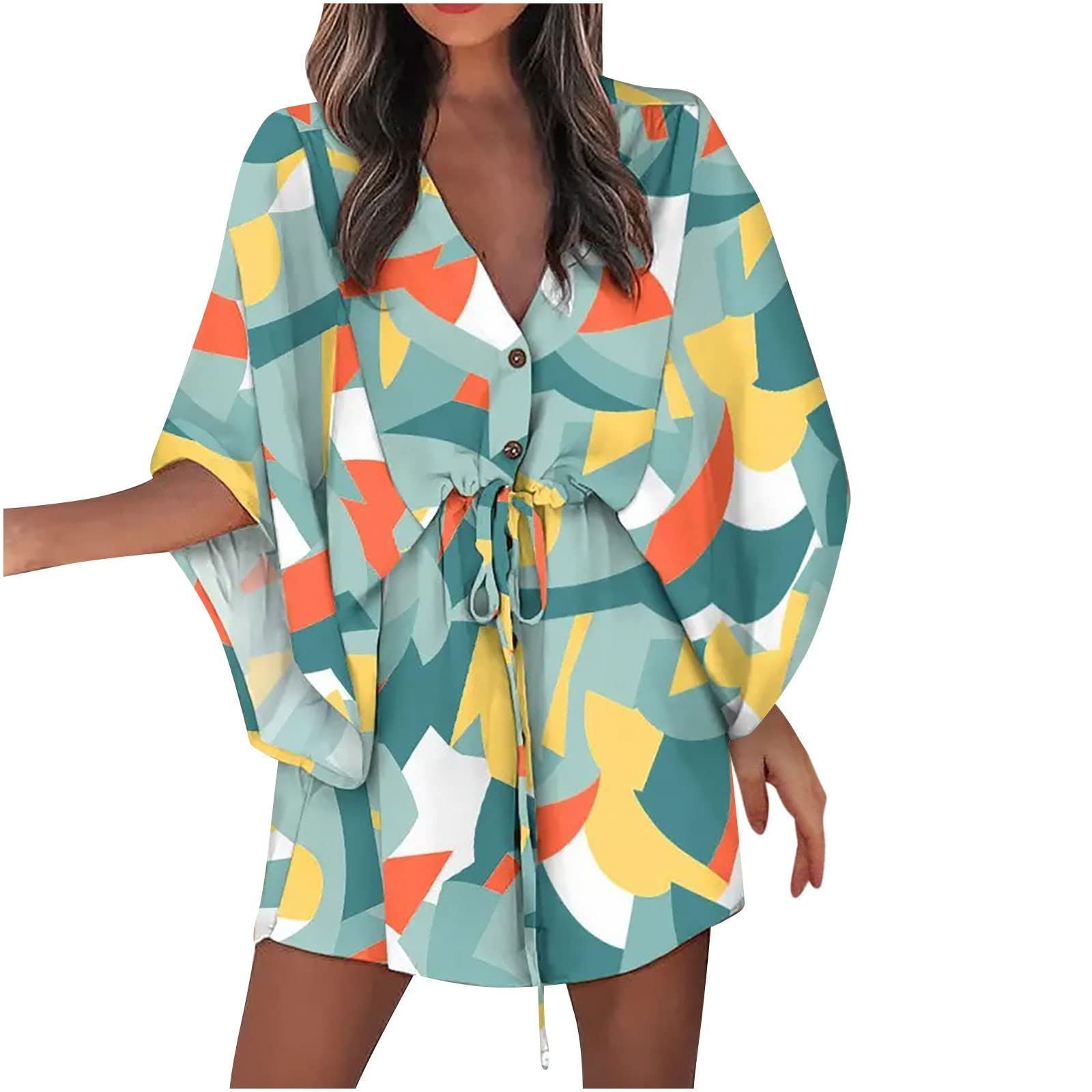 Women's Floral Print Summer Romper - Drawstring Sun Dress, Beach Cover Up, Plus Size Jumpsuit with Long Sleeves | Perfect for Vacation, Pool Party & Casual Outings