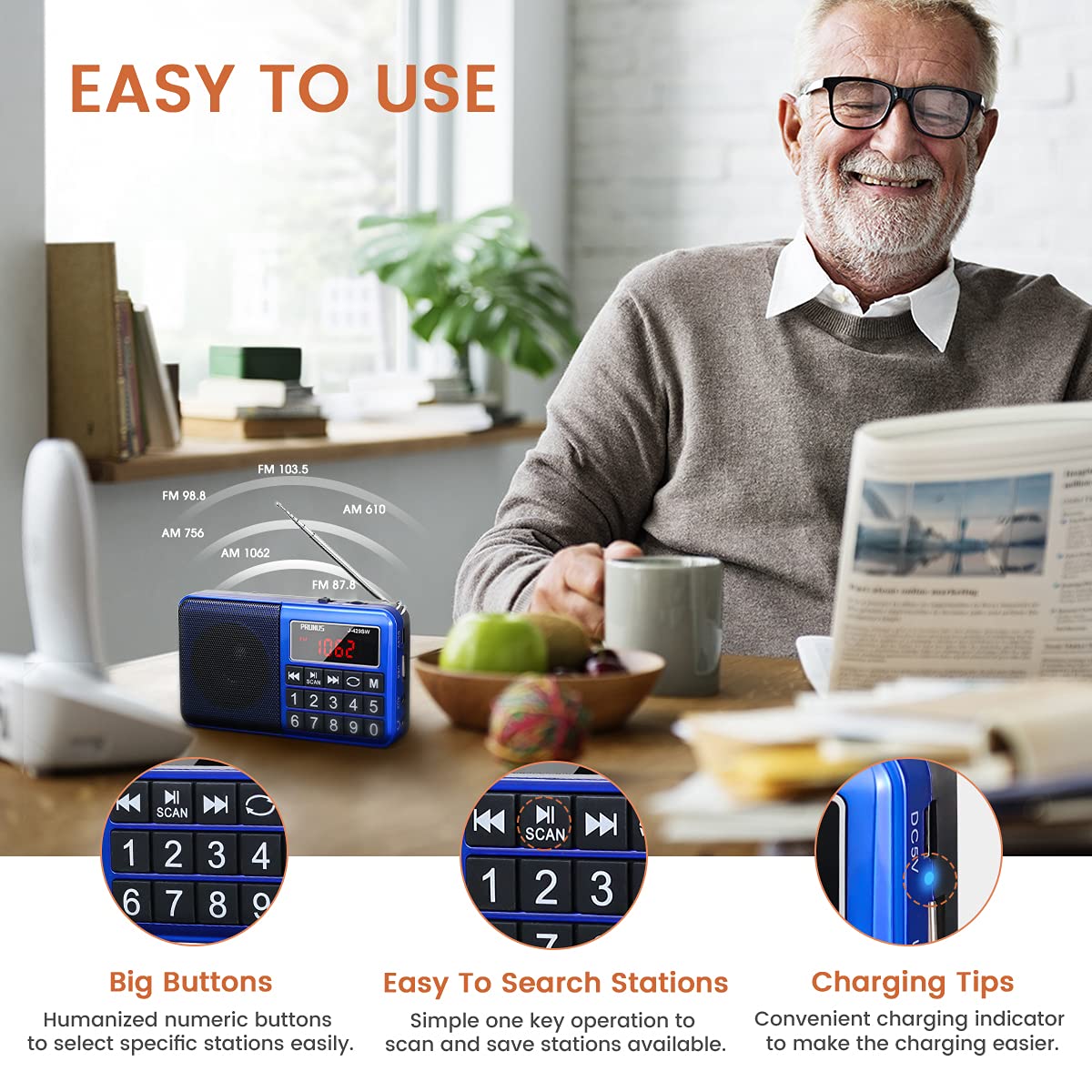 PRUNUS J-429 Portable AM/FM/SW Rechargeable Radio with Digital Tuning, Big Buttons, USB/TF/AUX Input - MP3 Player, Auto Save Memory (Blue) - Perfect for Emergency, Outdoor Camping, and Home Use
