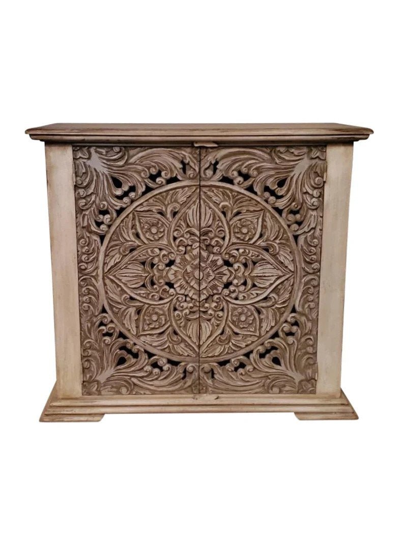 Hand Carved Wooden Cabinet with Two Doors - Small Sideboard for Living Room & Bedroom - Indian Furniture for Home Decor & Storage | Perfect for Entryway, Dining Room, or Office Organization