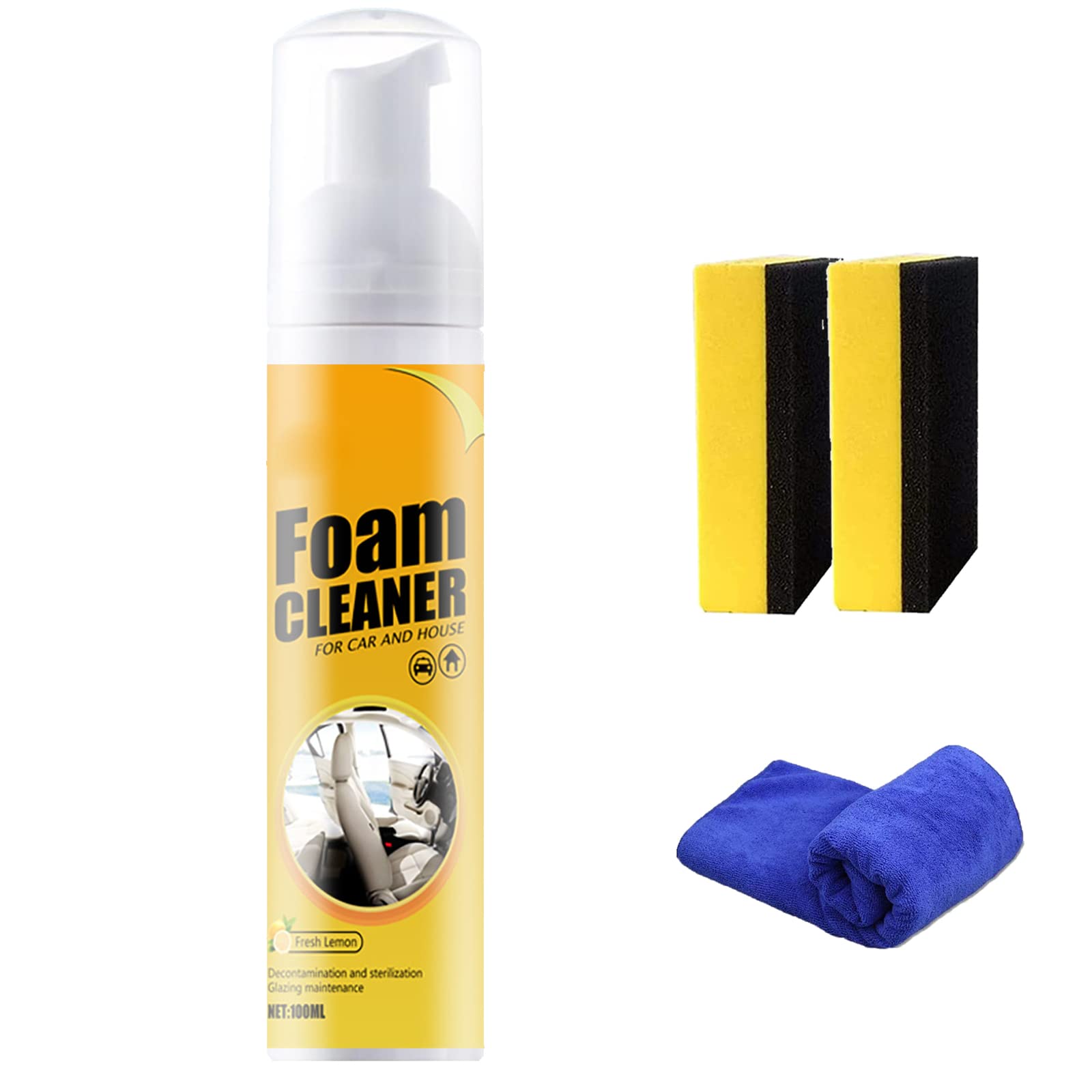 All-Purpose Foam Cleaner for Car & Kitchen - Lemon Scented Multifunctional Spray Cleaner, Rinse-Free Stain Remover (100ml) - Perfect for Car Detailing, Kitchen Appliances & Quick Cleaning