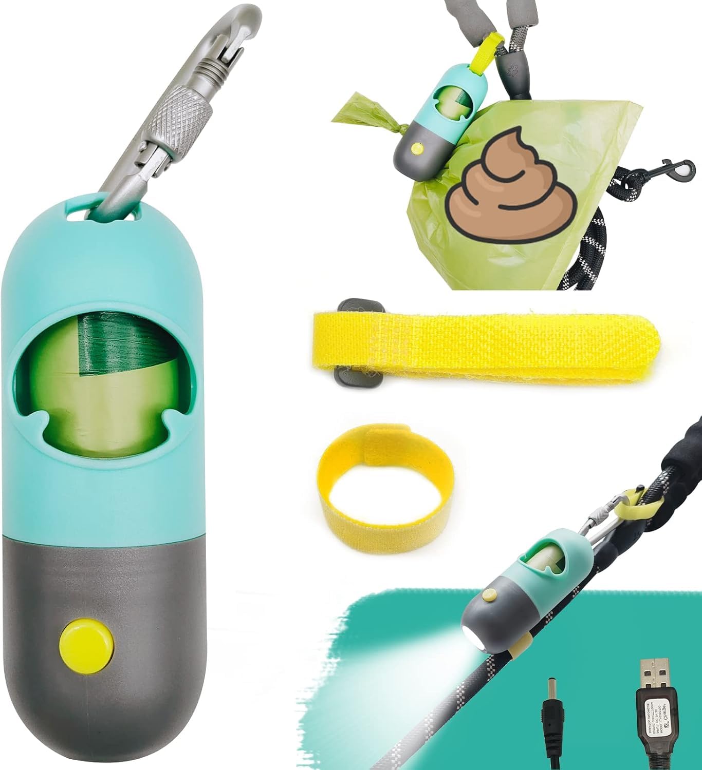 LED Flashlight Dog Poop Bag Holder Dispenser - Leash Attachment for Nighttime Dog Walking (Includes 15 Waste Bags, Green) - Perfect for Evening Walks, Park Visits & Outdoor Adventures
