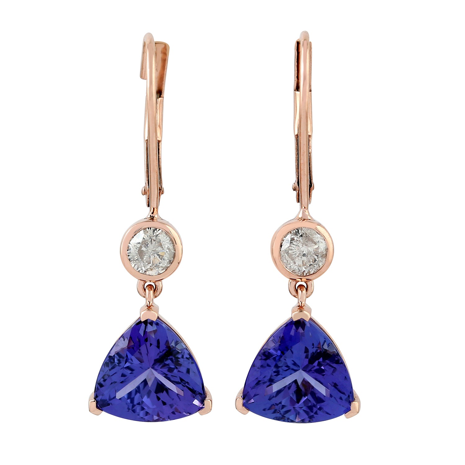 18K Rose Gold Trillion Tanzanite Pave Diamond Lever Back Drop Huggie Earrings - Elegant Jewelry Gift for Women, Perfect for Weddings, Parties & Special Occasions