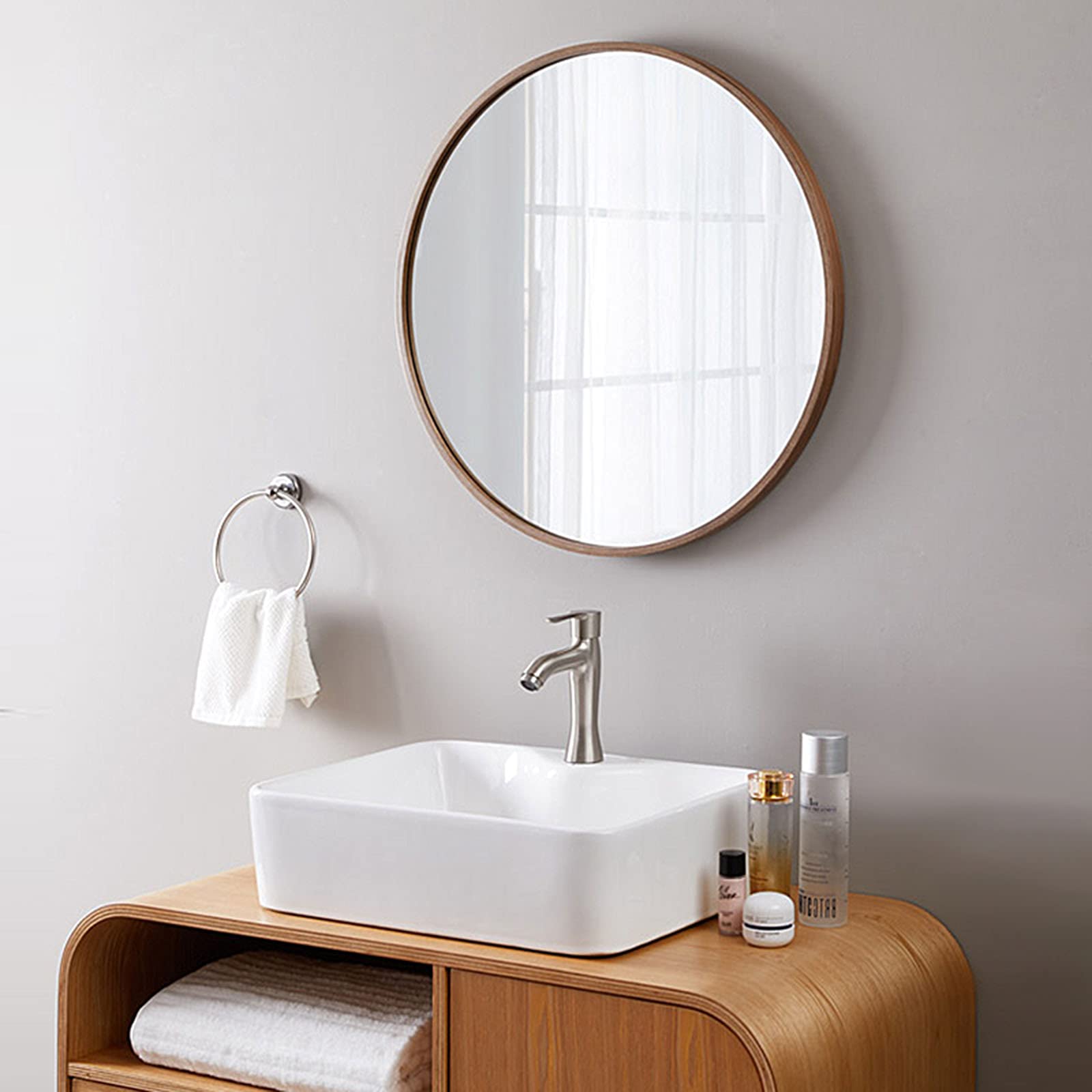 Walnut Wood Frame Round Mirror - Elegant Wall Decor for Bathroom, Entryway & Bedroom | Circle Wall-Mounted Mirror for Home Decor & Vanity Use