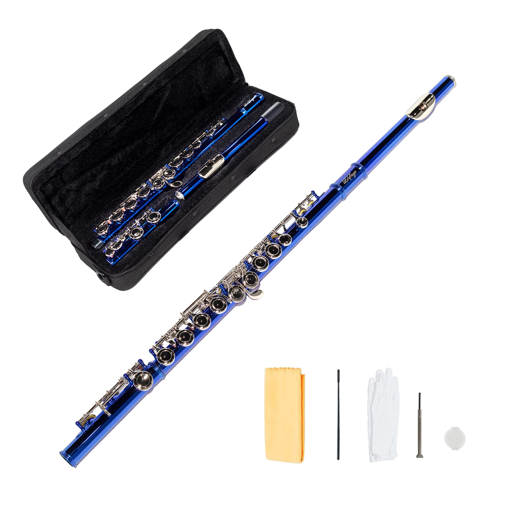 LeSage 16-Key Closed Hole C Flute for Beginners - Blue Student Flute with Case, Cleaning Cloth & Maintenance Kit (C Foot, Offset G, Y-Arm) - Perfect for School Bands, Music Lessons & Practice