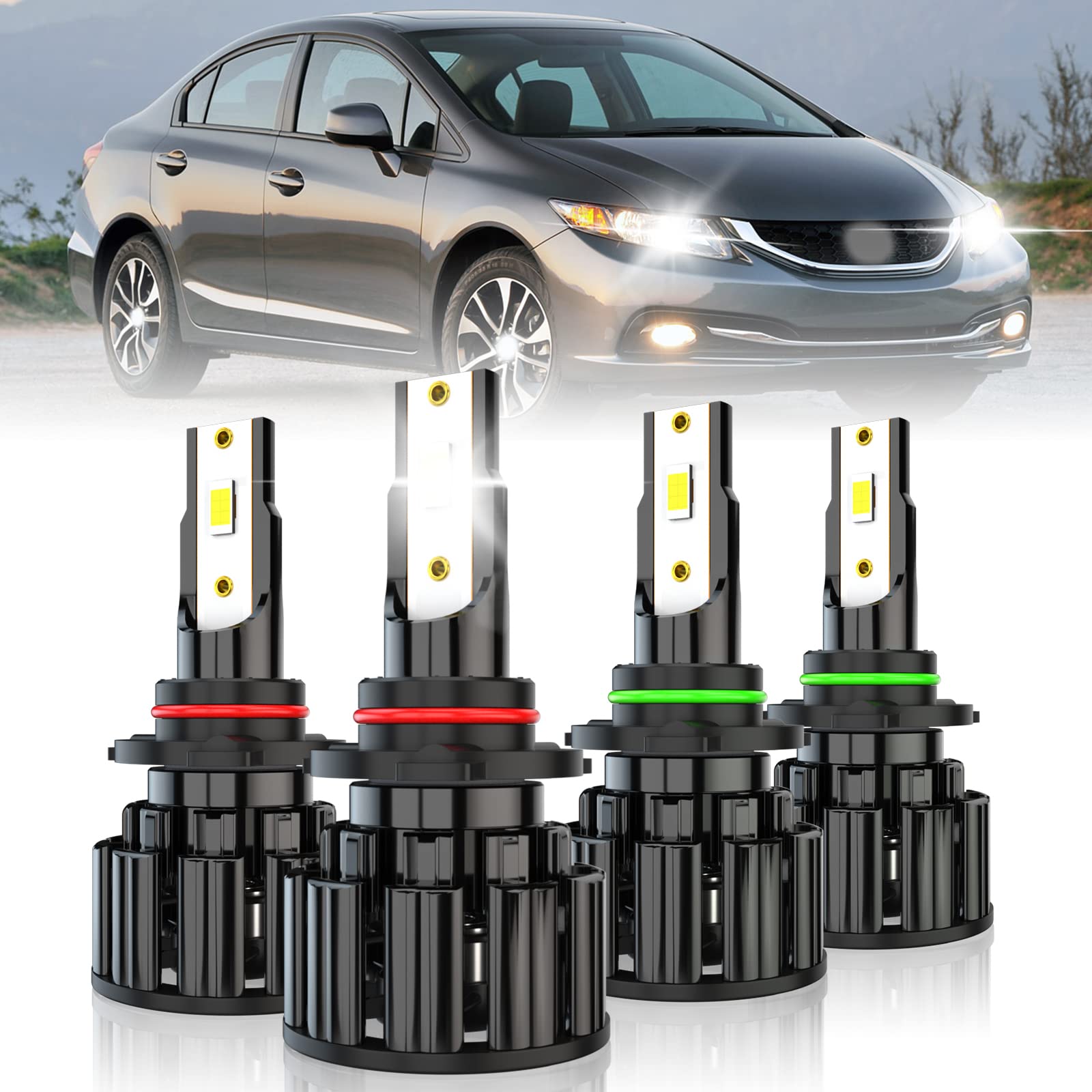 Honda Civic LED Headlight Bulbs 9005 High Beam 9006 Low Beam (2004-2013) - 60W 10000LM 6000K Cool White Super Bright CSP LED Kit - Plug and Play - Pack of 4 - Perfect for Night Driving & Enhanced Visibility