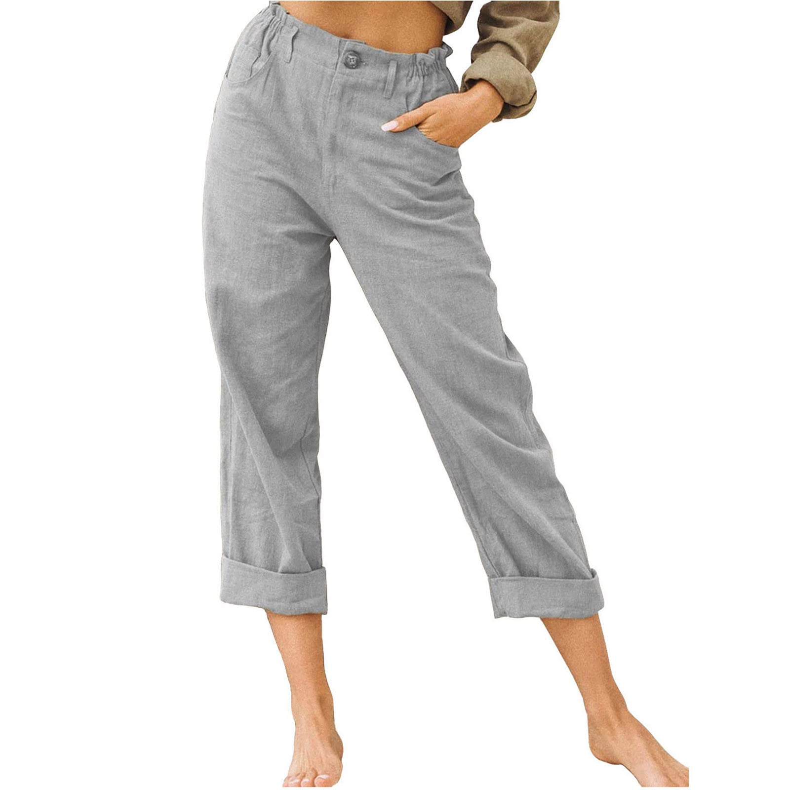 Women's Black Cotton Linen Pants with Drawstring Back & Elastic Waist - Comfortable Casual Trousers for Work, Travel and Everyday Wear