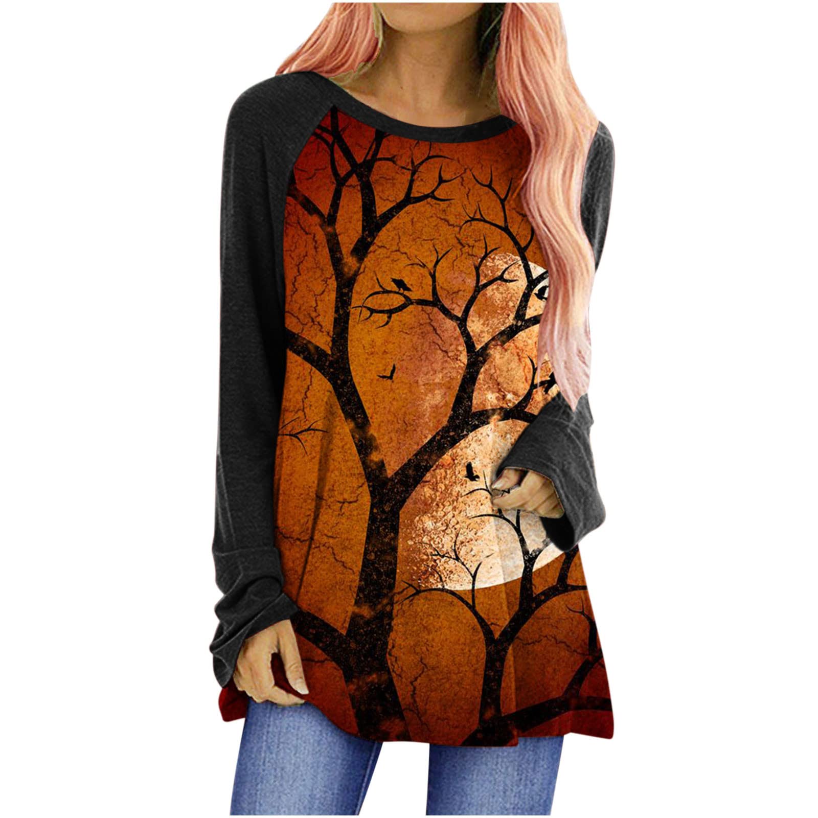 Women's Graphic Long Sleeve Shirts - Classic Loose Fit Crewneck Blouse with Pumpkin Print | Fall Fashion Teacher Tops for Casual Wear & Autumn Outfits