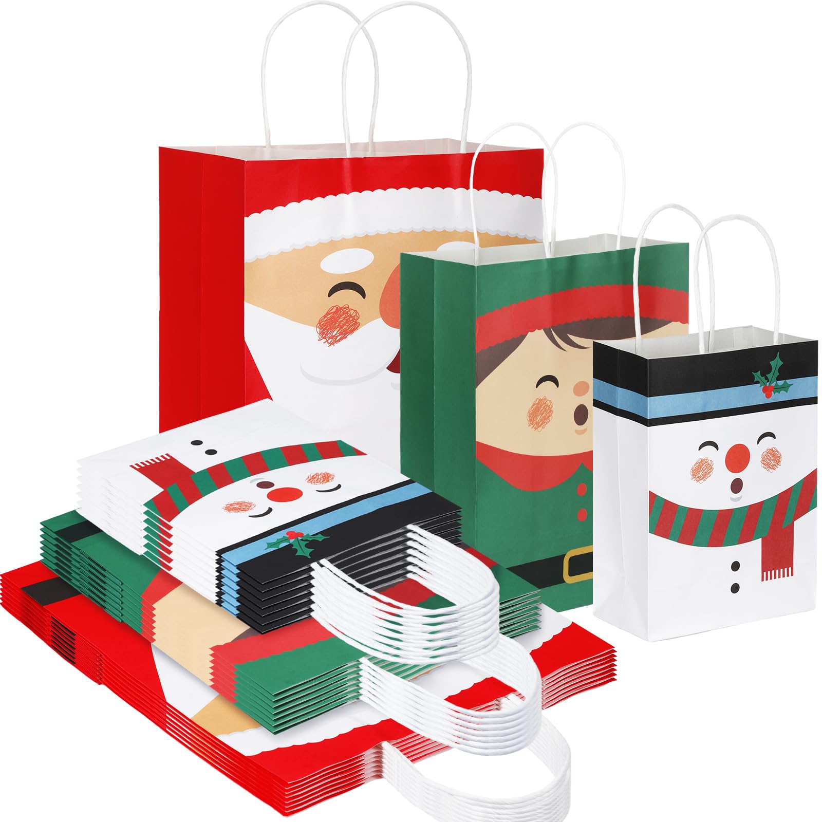60 Pcs Christmas Kraft Gift Bags Bulk with Handles - Assorted Sizes Holiday Party Favor Bags for Candy, Treats & Gifts - Xmas Goodie Bags for Wrapping, Stocking Stuffers & Classroom Exchanges (Santa Theme)