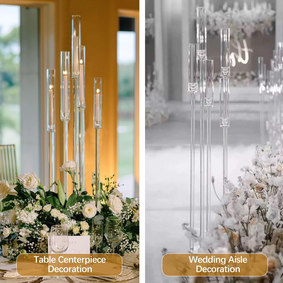10-Pack Clear Acrylic 5-Arm Floor Candelabra - Tall Wedding Candle Holder for Table Centerpiece, Ceremony Decor, Party & Home Decoration - Fits 0.8
