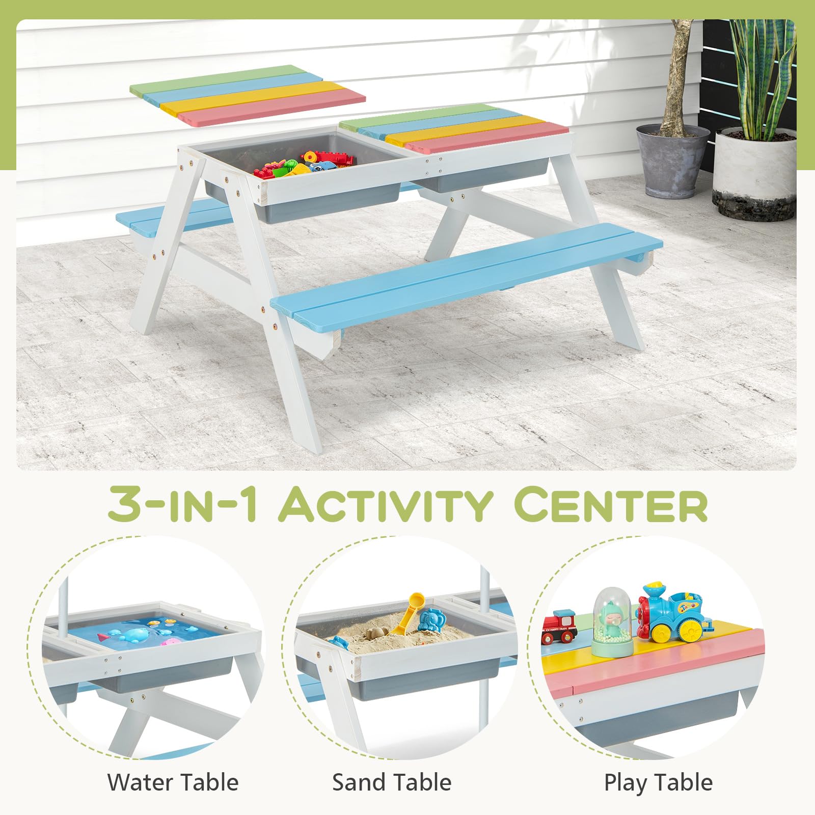 Olakids 4-in-1 Kids Picnic Table Set - Outdoor Wooden Toddler Activity Table with Sand & Water Play, Removable Umbrella & Bench Chairs - Perfect for Patio, Garden, Backyard & Playtime Fun