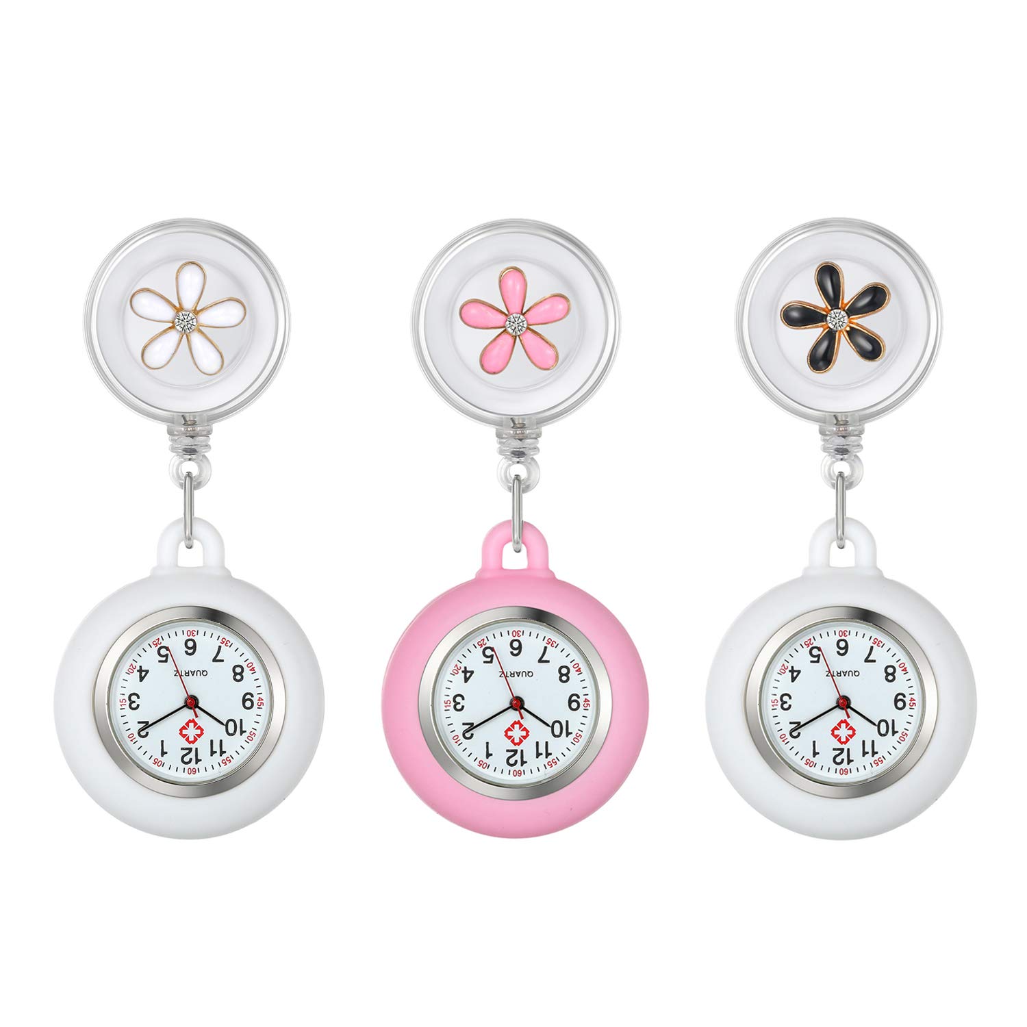 Lancardo Clip-On Nurse Watch for Doctors & Nurses - White Silicone Retractable Fob Watch with Cute Leaves Pattern - Perfect for Medical Professionals, Clinical Shifts & Healthcare Work