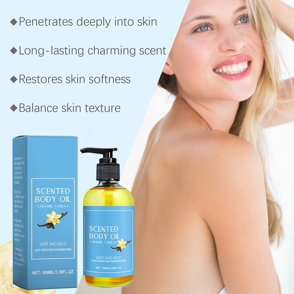 Caramel Vanilla Body Oil - 2 Pack Moisturizing Massage Oil for Women & Men | Smoothing & Hydrating Skin Care | 3.52 Fl oz | Perfect for Couples Massage & Spa Night