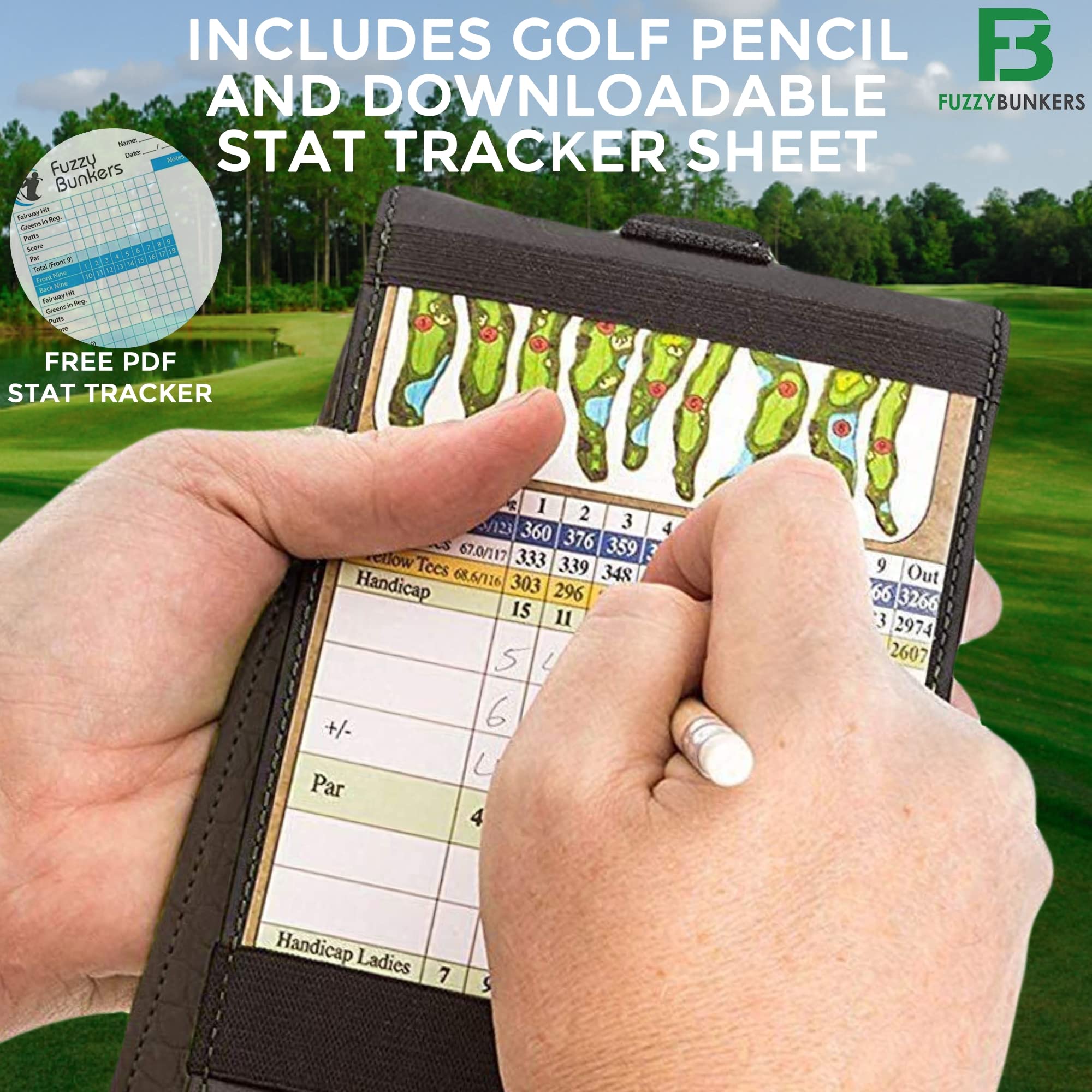 Premium Leather Golf Scorecard Holder & Yardage Book Cover - Golf Accessories with Free Pencil & Stat Tracker Sheet - Perfect for Golf Tournaments, Practice Rounds & Course Management