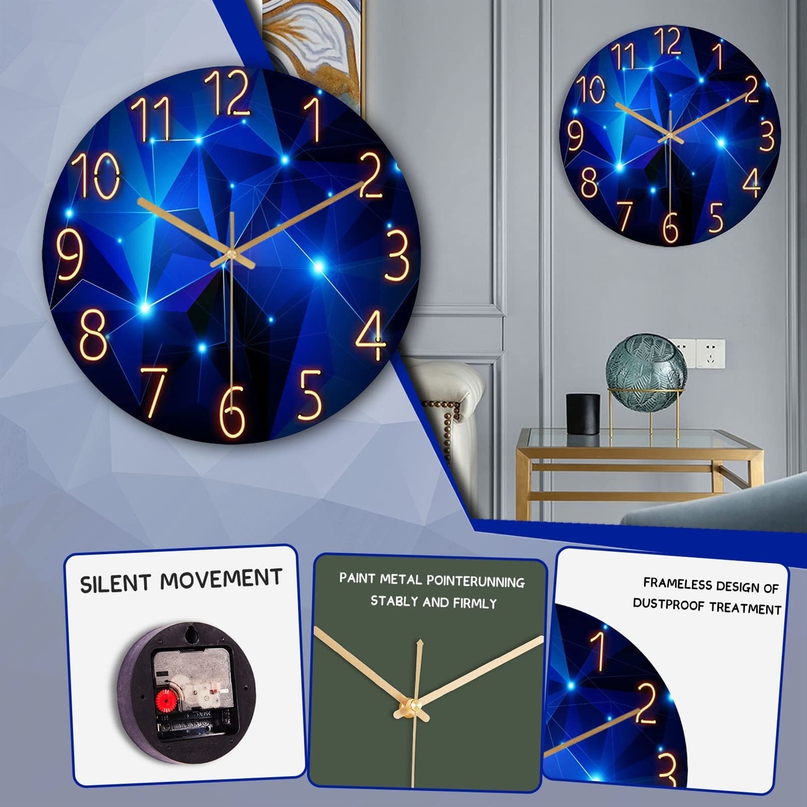 Modern Geometric Glass Wall Clock - Silent Quartz Movement, Stylish Living Room & Home Decor - Perfect for Bedroom, Office, and Kitchen Wall Decor