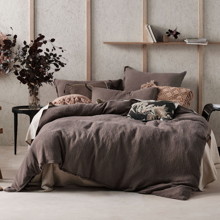 Linen House Elysian Mocha Quilt Cover Set - Queen Size Luxury Bedding with Soft Cotton Fabric for Cozy Bedroom Decor & Hotel Style Comfort