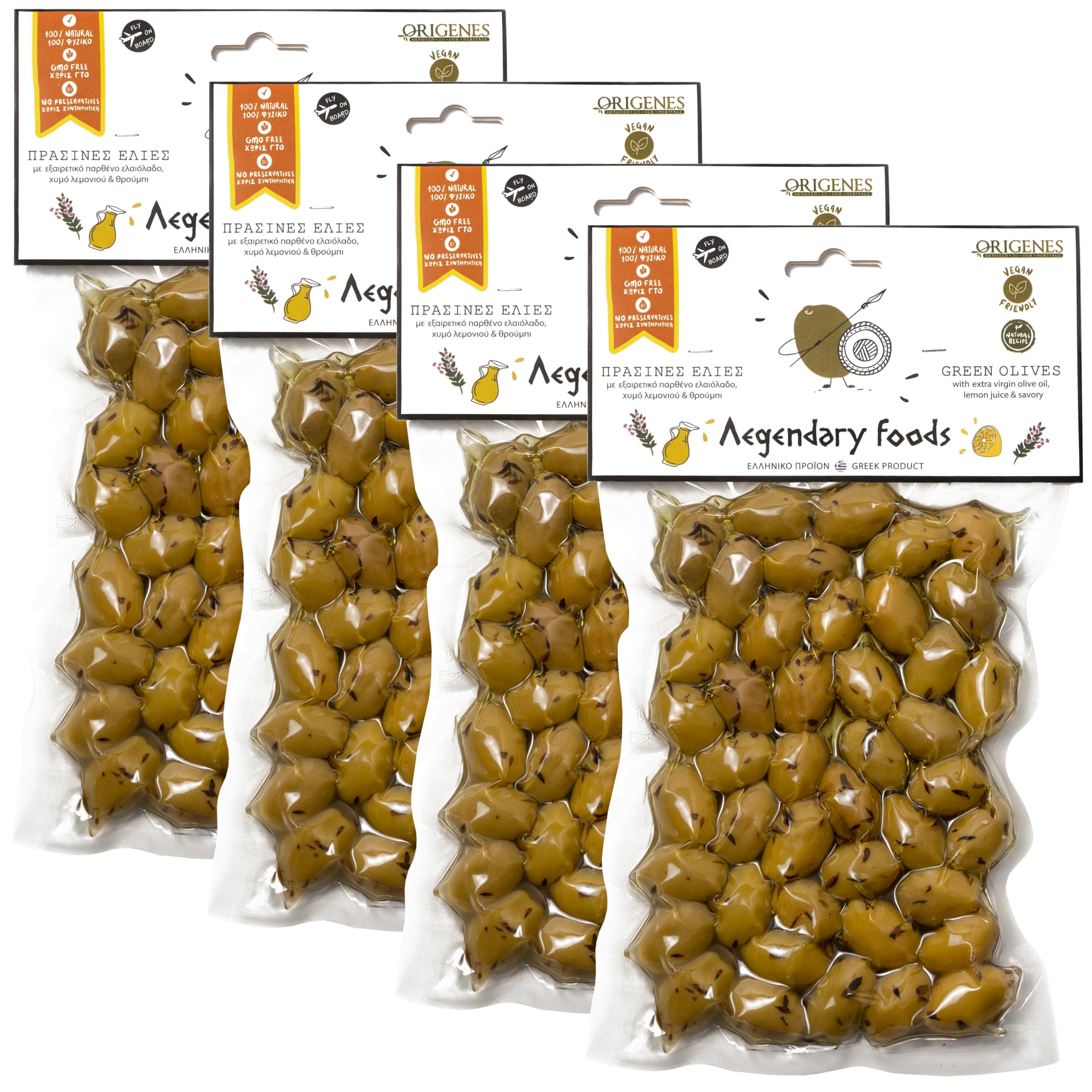 Pack of 4 Green Olives in Vacuum Bag | Marinated in Savory Lemon Juice & Extra Virgin Olive Oil | Freshly Sealed 4X200g | Perfect for Charcuterie Boards, Salads & Mediterranean Recipes