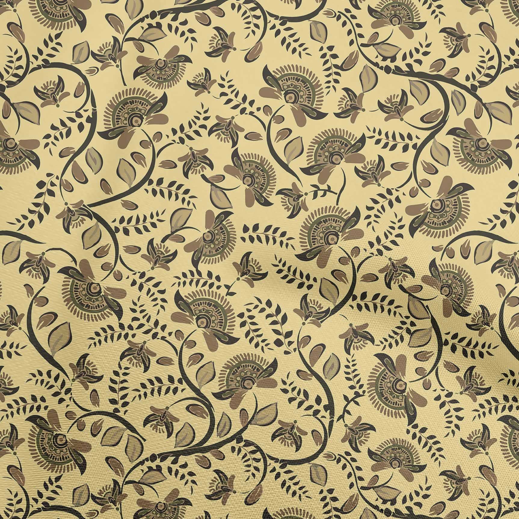 oneOone 56 Inch Wide Polyester Spandex Yellow Kalamkari Printed Fabric - Soft Stretch Craft Material for Sewing, Quilting & DIY Projects (629) | Perfect for Home Decor, Clothing & Accessories