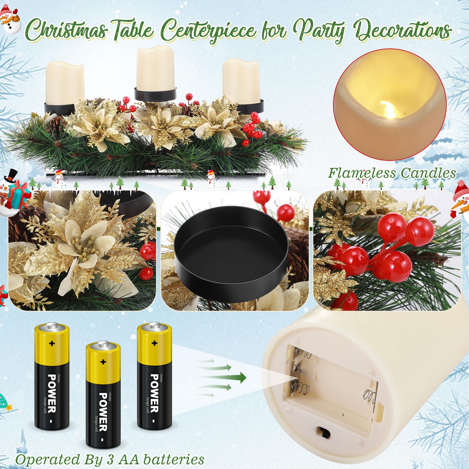 17 Inch Gold Artificial Christmas Candle Holder Centerpiece with 3 Ivory White Flameless Flickering Candles - Remote Control & Timer - Holiday Table Decor for Christmas Party, Dining Room, Fireplace Mantel