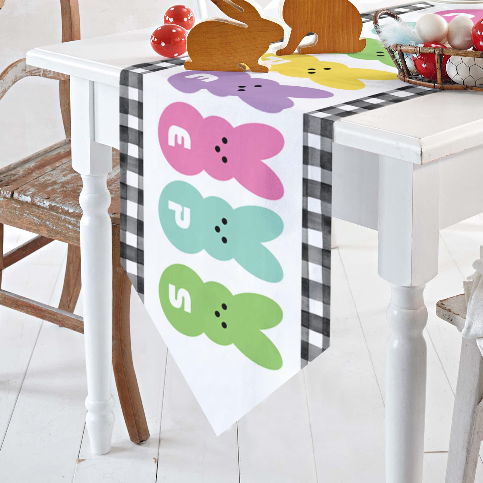 Easter Table Runner - 16x72 Inch Black Buffalo Plaid Decorative Table Scarf for Spring Dinner, Kitchen & Dining Room Decor | Bunny & Peeps Design | Perfect for Easter Party, Holiday Gatherings & Home Decor