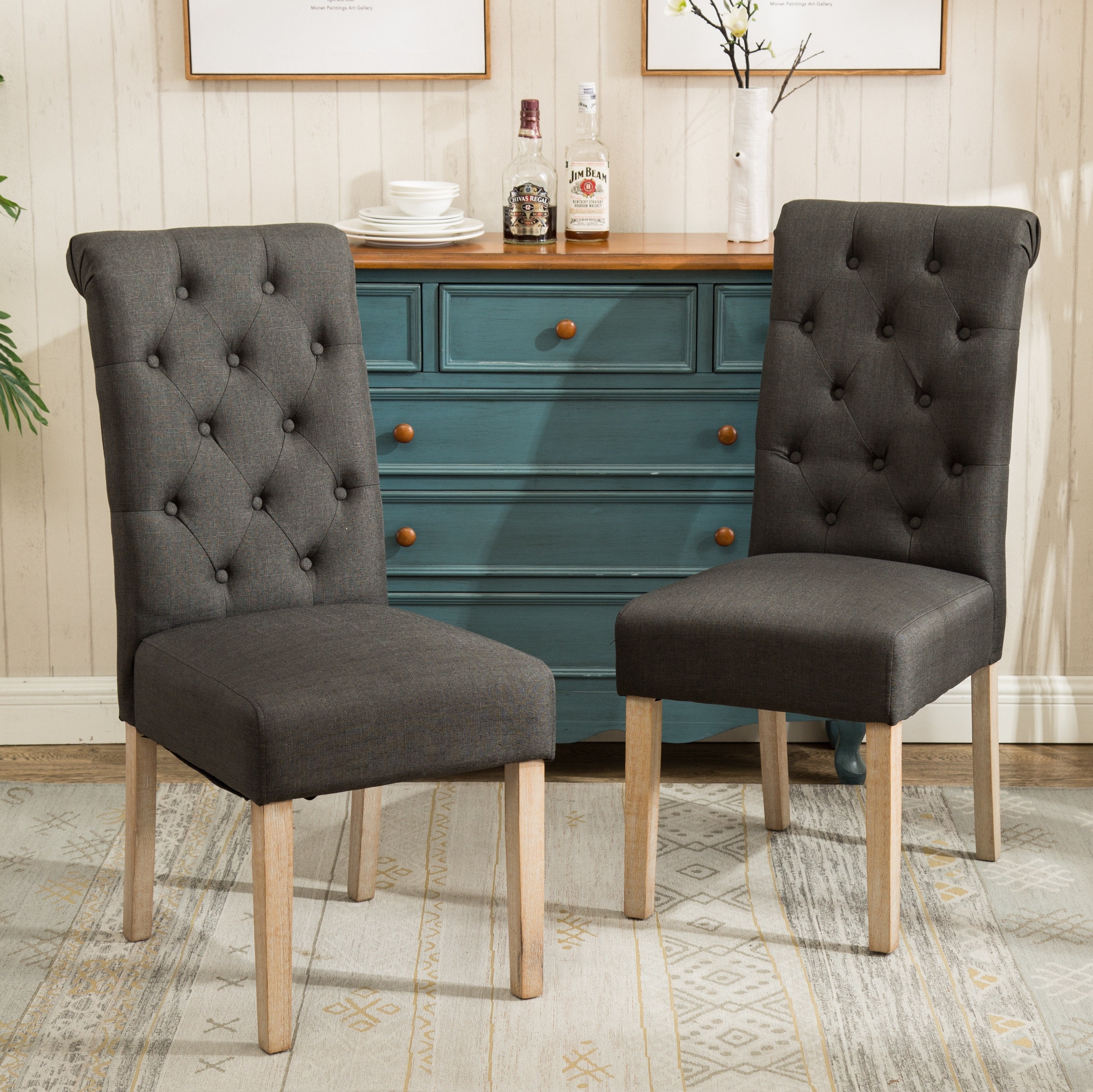 Roundhill Furniture Solid Wood Tufted Parsons Dining Chairs - Set of 2, Charcoal Gray - Elegant Modern Dining Room Seating for Home & Restaurant Use