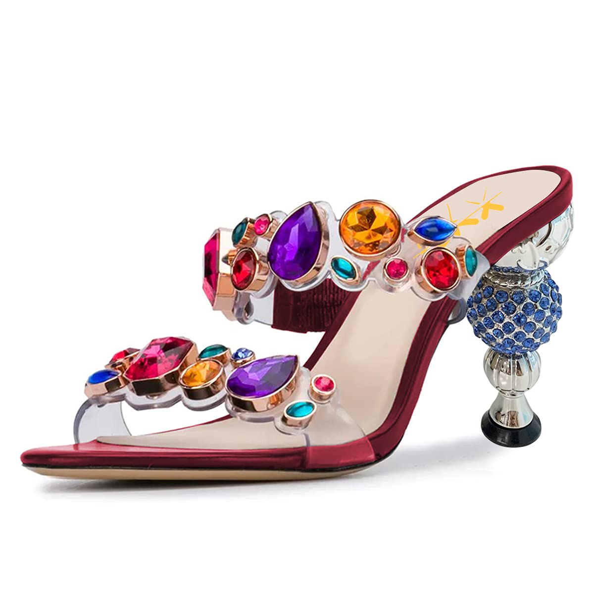 XYD Women's Retro Rhinestone Slide Sandals - Colorful Clear Elastic Straps Summer Open Toe High Heel Fashion Slippers for Beach, Pool Party & Casual Outings