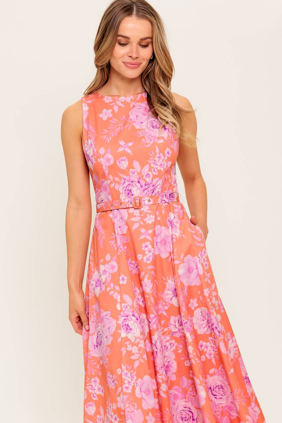 Coastline Stroll Midi Dress with Pockets - Coral Floral Print Summer Beach Dress for Women | Perfect for Vacations, Weddings & Outdoor Events