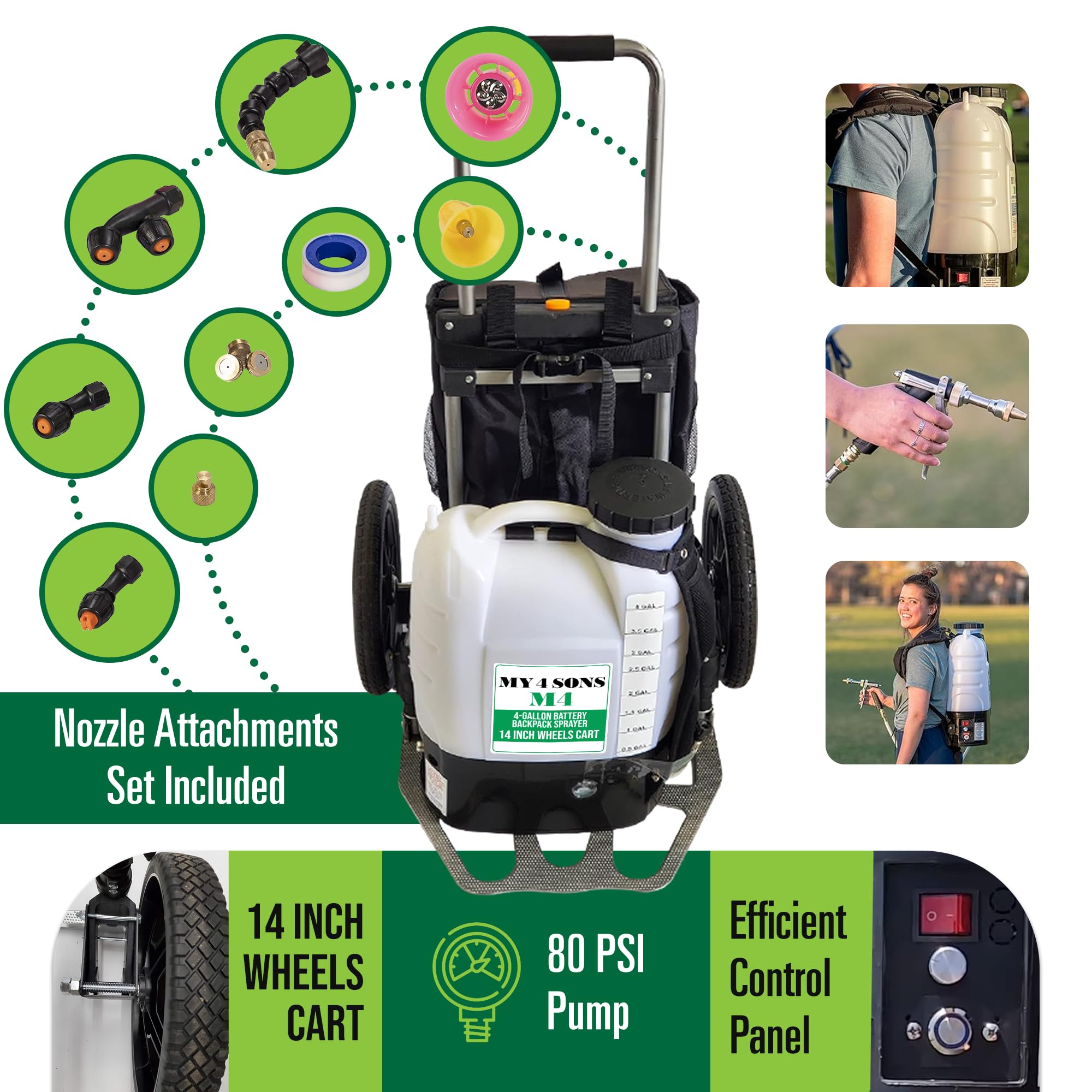 MY4SONS M4 4-Gallon Battery Backpack Sprayer - Cordless Garden Sprayer with 14-Inch Wheels, Spray Pistol, Adjustable Wand, 15ft Hose & Secure Strap - Rechargeable Power Supply - Perfect for Lawn Care, Weed Control & Outdoor Cleaning