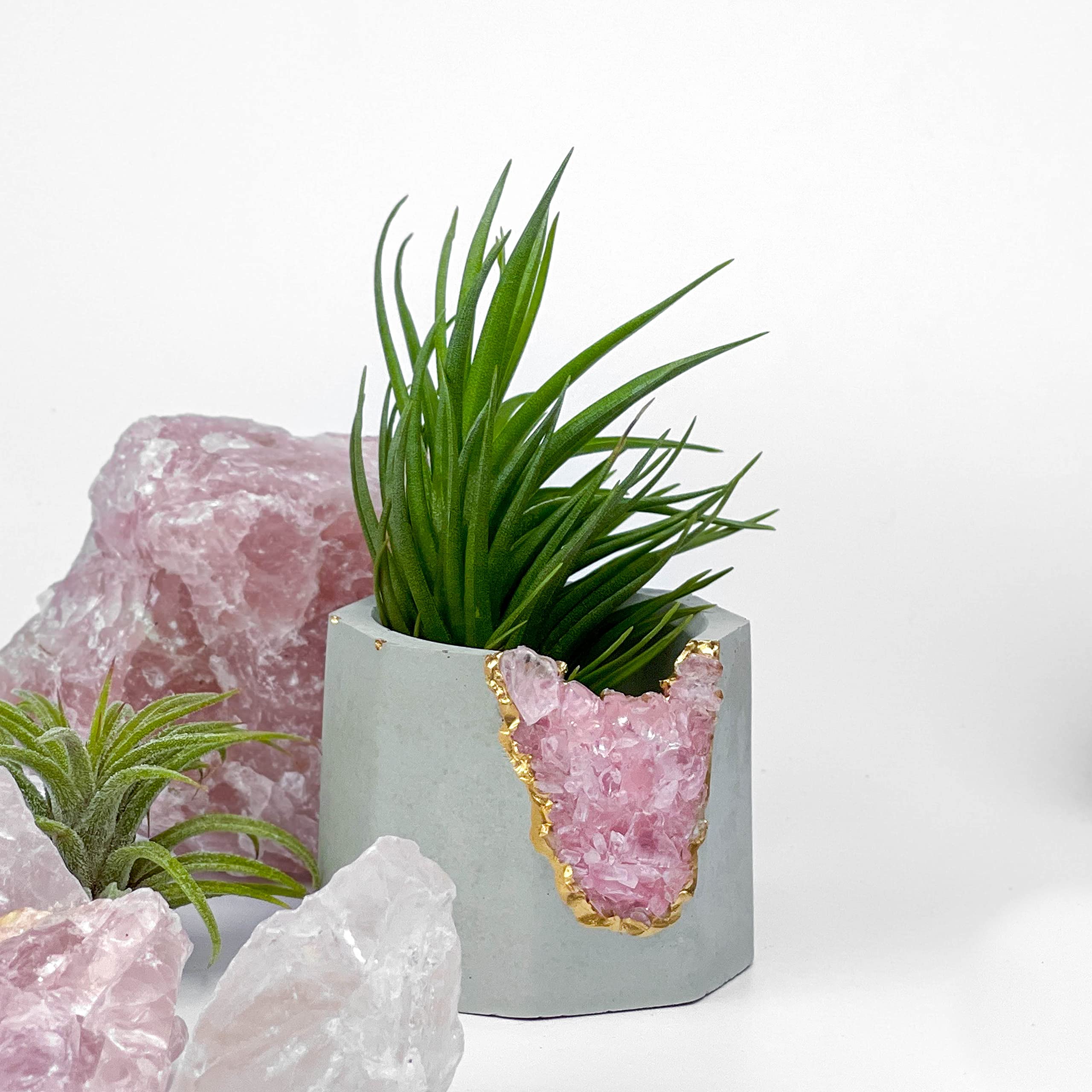 Geode Planter with Raw Rose Quartz Crystal - Mini Succulent & Air Plant Holder - Concrete Candle Pot for Home Decor, Office Desk & Healing Crystal Display